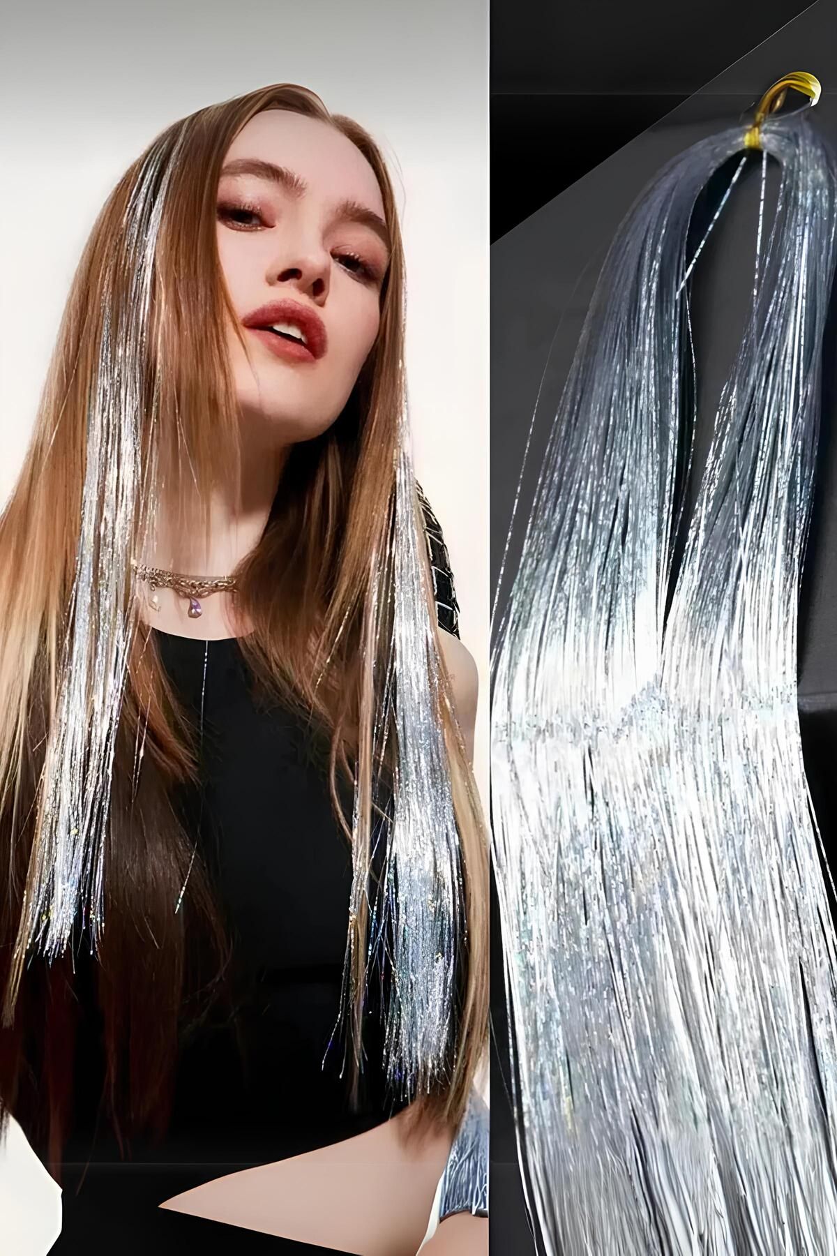 PREGIO Gri Renk Simli Saç Aksesuarı (İTHAL) Hair Tinsel Shiny Postiş Gelin Teli Saç Simi Aksesuarı