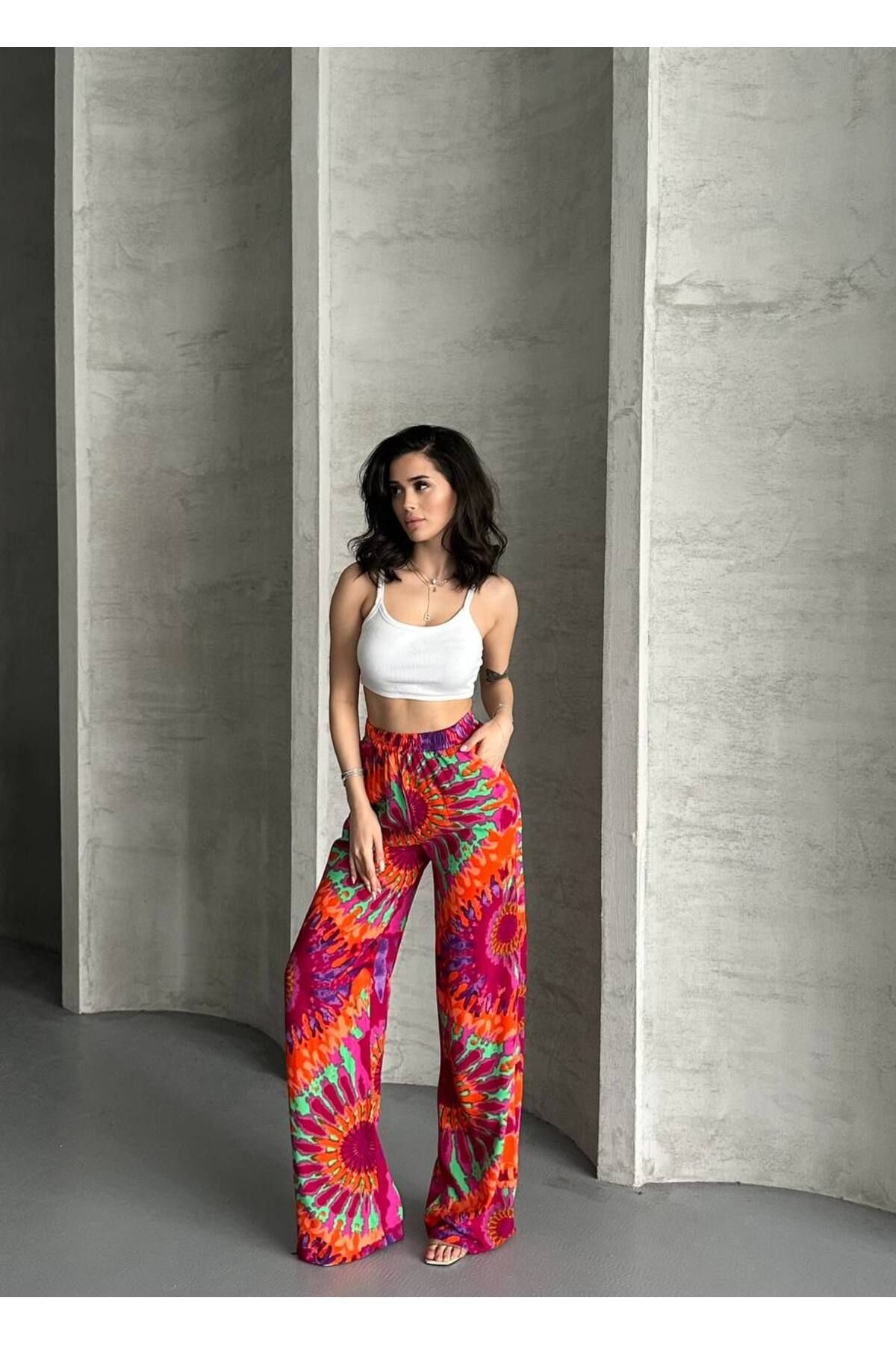 VOLT CLOTHİNG Kadın Viskon Kumaş Şal Desen Palazzo Pantolon