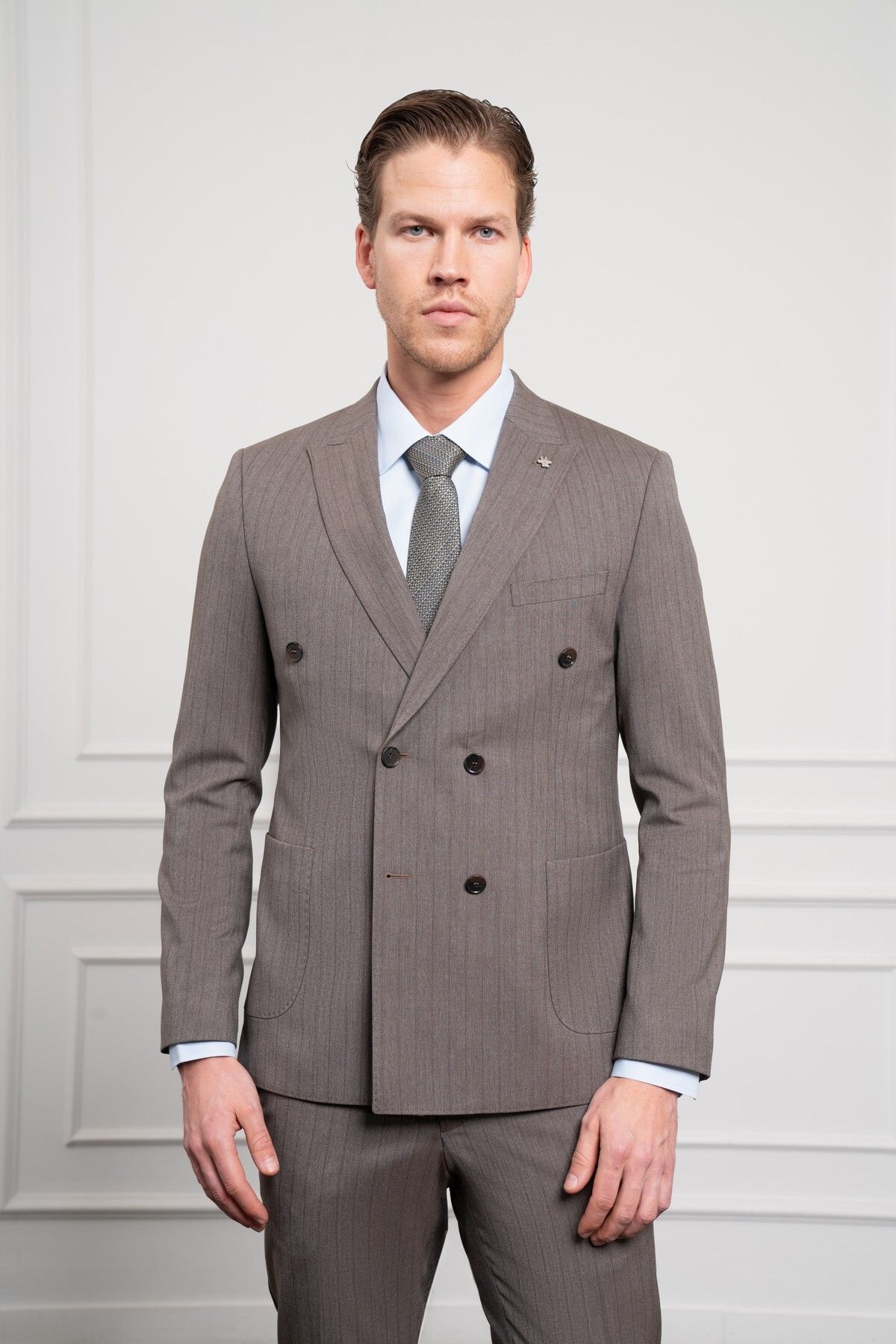 Morven Erkek KAHVE Trend Slim Fit Sivri Yaka Kruvaze Takım Elbise