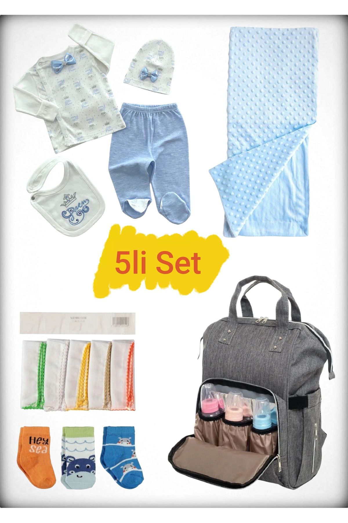 Avşar Baby 5 li Doğum Seti (Anne Bebek Çantası Hastane Çıkışı Battaniye 10 Lu Mendil Ve 3 Lü Çorap)