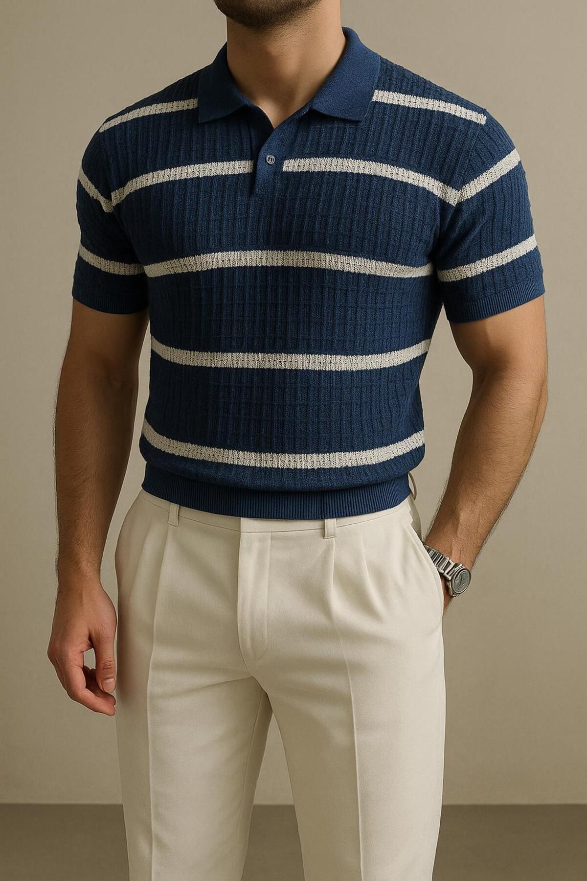 Figo Mavi Beyaz Şeritli Polo Tshirt Erkek