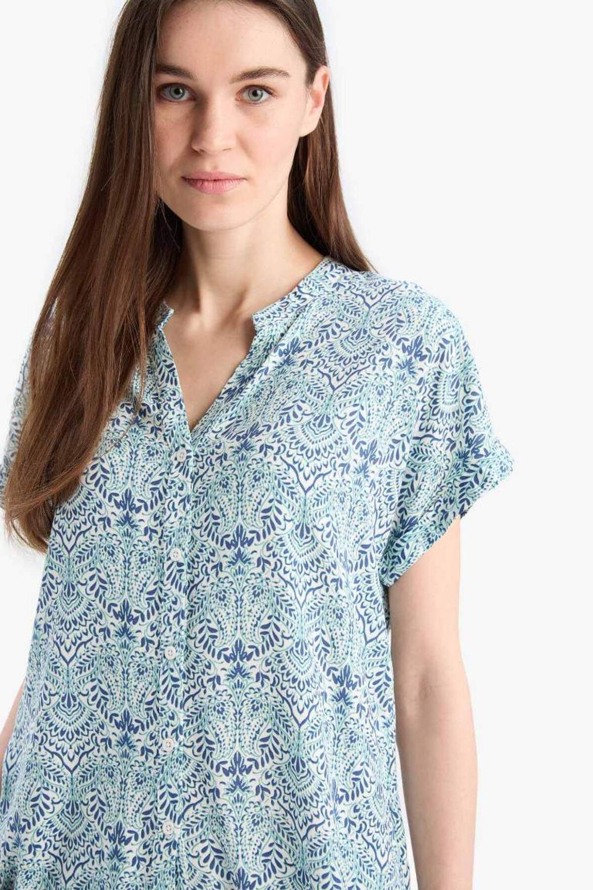 DeFacto-New Season Regular Fit Apache Collar Patterned Short Sleeve Shirt 4