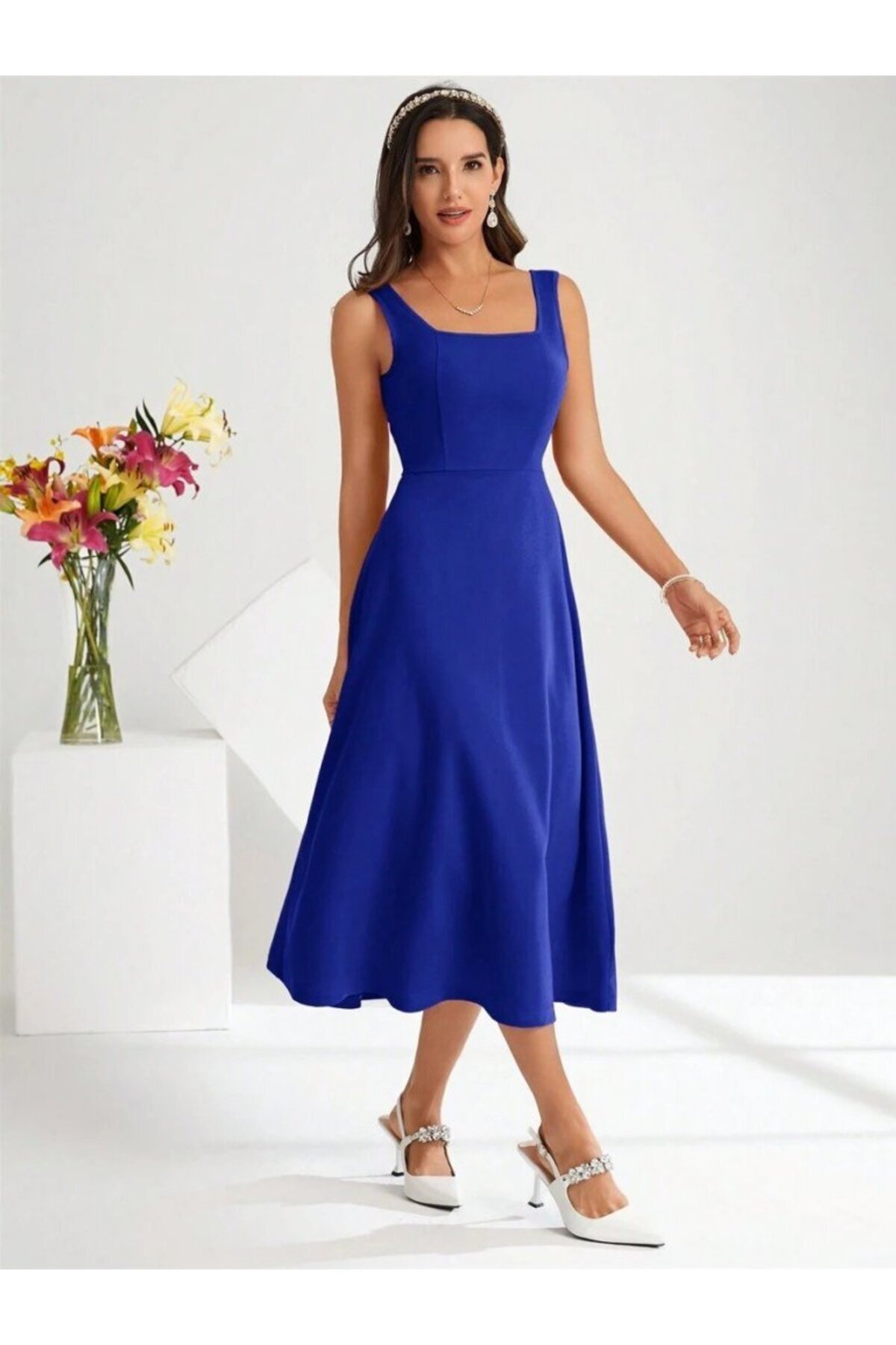 Kokosh moda-Women's Strap Square Neck Midi Imported Crepe Dress 2