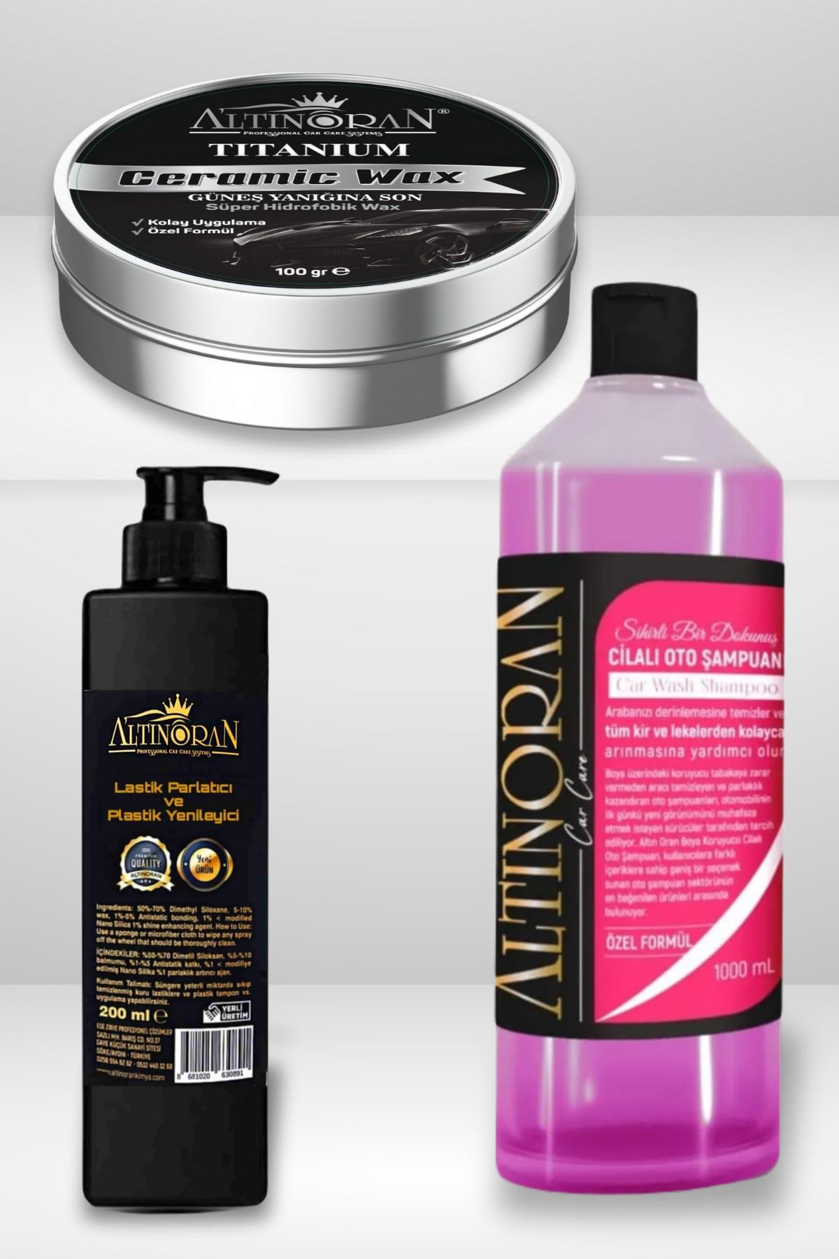 Altınoran Profesyonel Oto Bakım Seti | Cilalı oto şampuan + Titanium Seramik Wax + Lastik Parlatıcı