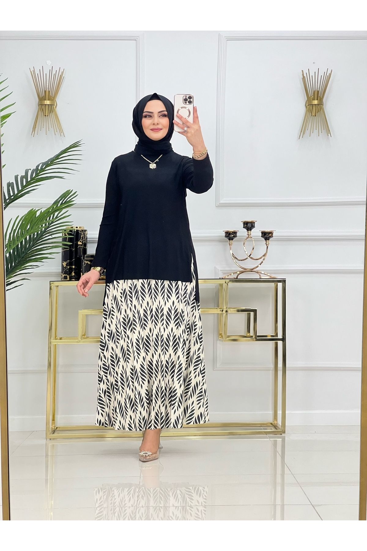 NİSUM MODA YAPRAK DESEN SANDY ETEKLİ TAKIM
