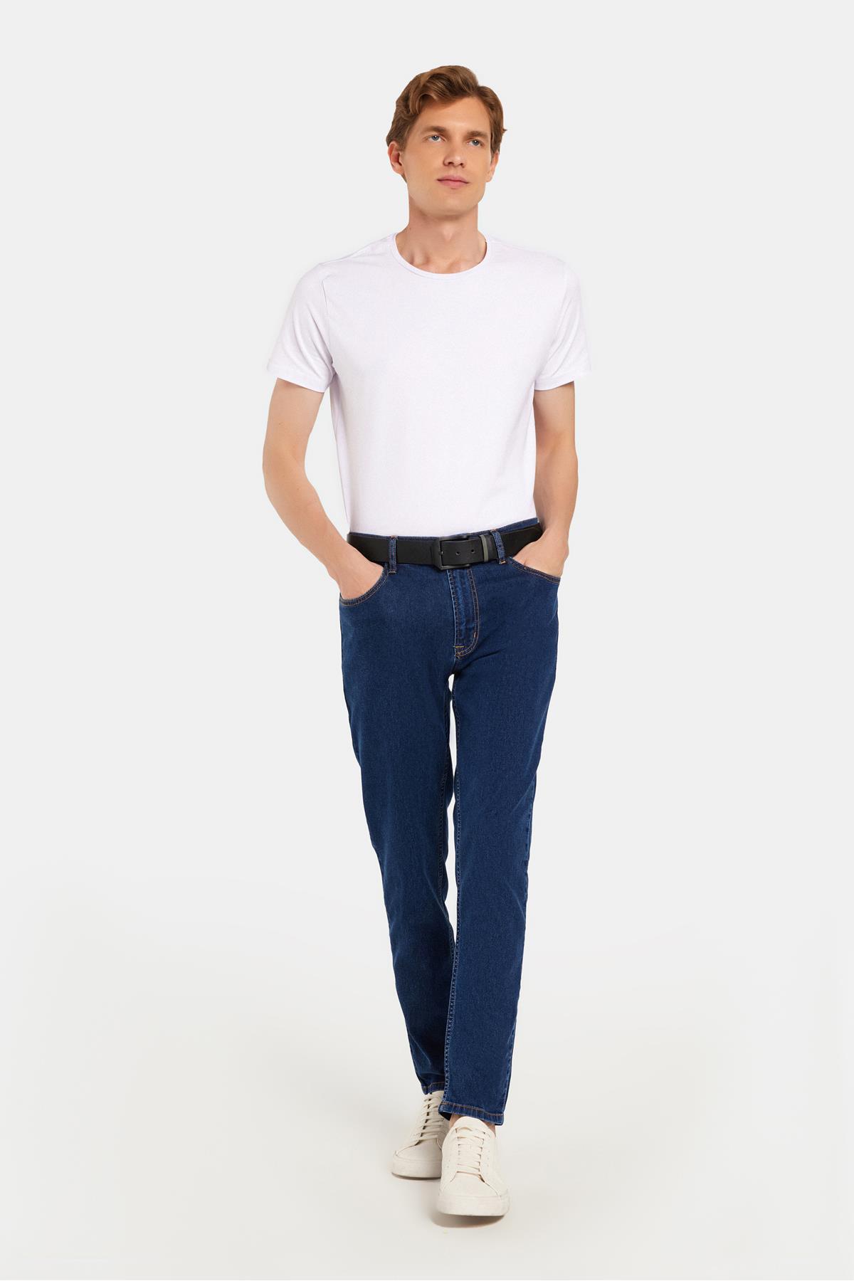Tudors  Erkek Regular Fit Yıkamalı Taşlamalı Esnek Kot Düz Paça Tapered Lacivert Jean Pantolon - Görsel 3