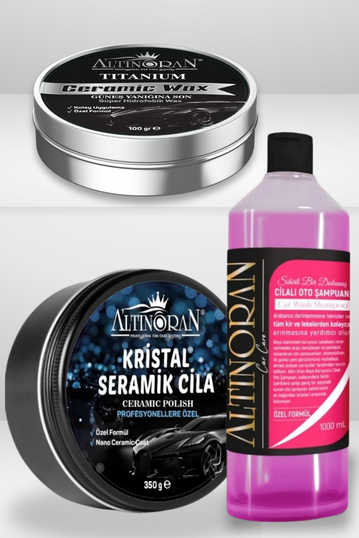 Altınoran Araç Bakım Seti | Titanium Seramik Wax + Kristal Seramik Cila + Oto Şampuan