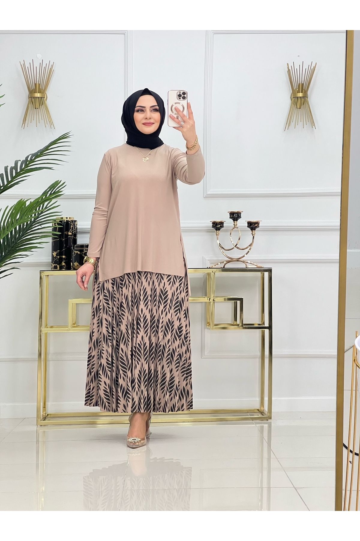 NİSUM MODA YAPRAK DESEN SANDY ETEKLİ TAKIM