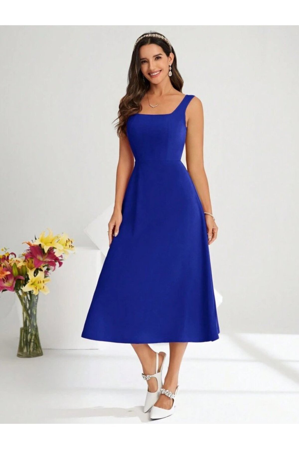 Kokosh moda-Women's Strap Square Neck Midi Imported Crepe Dress 4