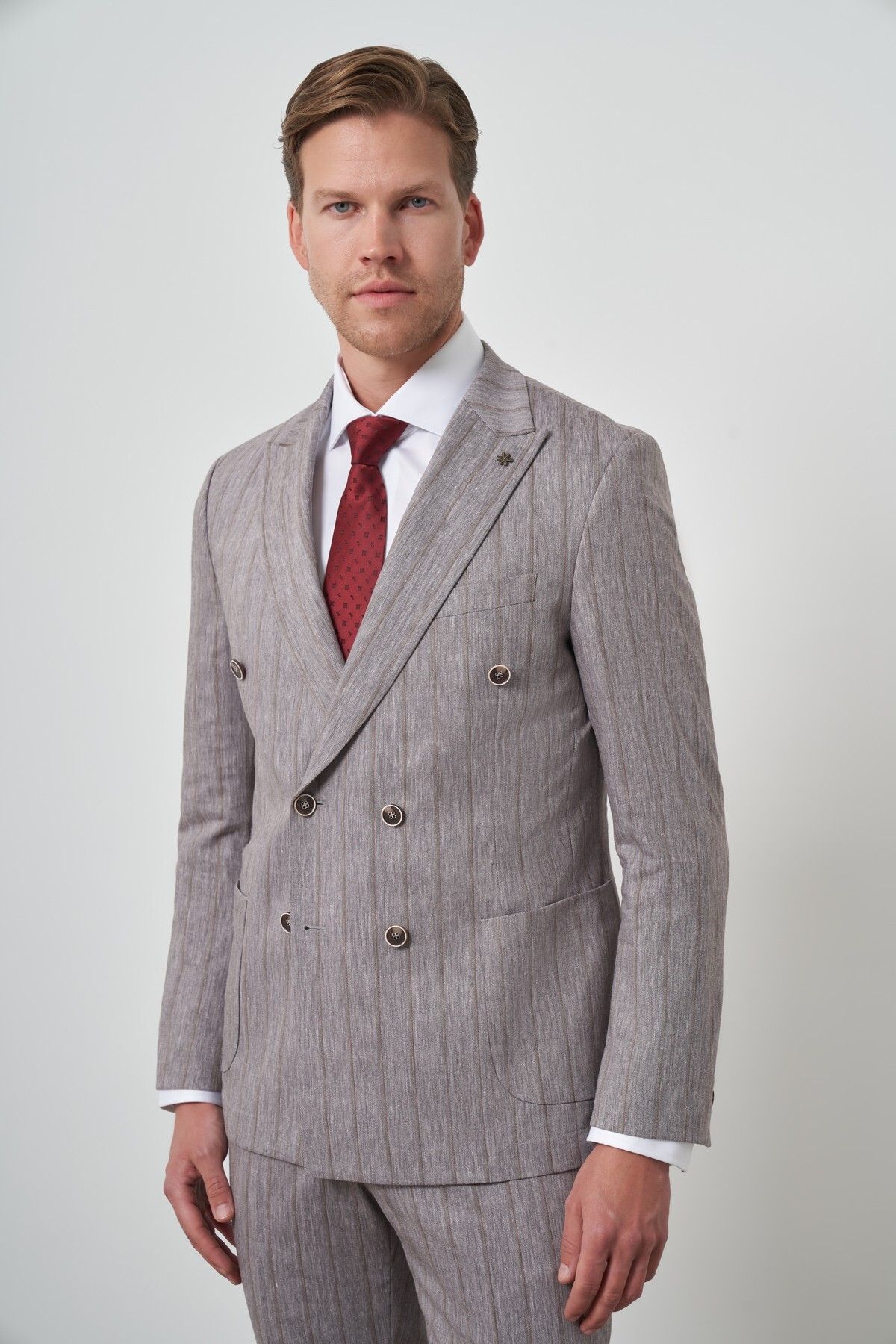 Morven Erkek Vizon Tend Keten Kruvaze Slim Fit Sivri Yaka Takım Elbise