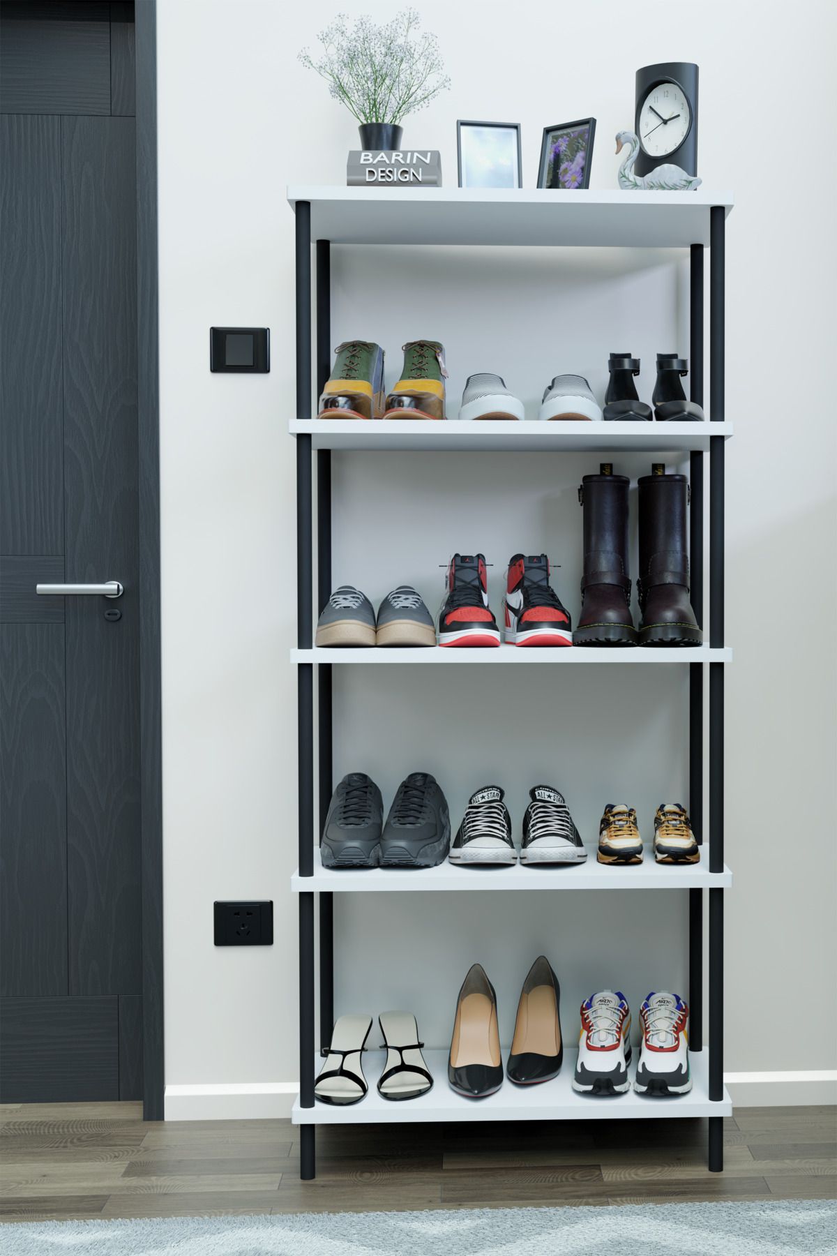 BARIN DESIGN 5 Raflı Çevir-Kur Ayakkabılık Metal Gövde Çok Amaçlı Raf Ünitesi Antre, Balkon, Banyo Uyumlu Dolap