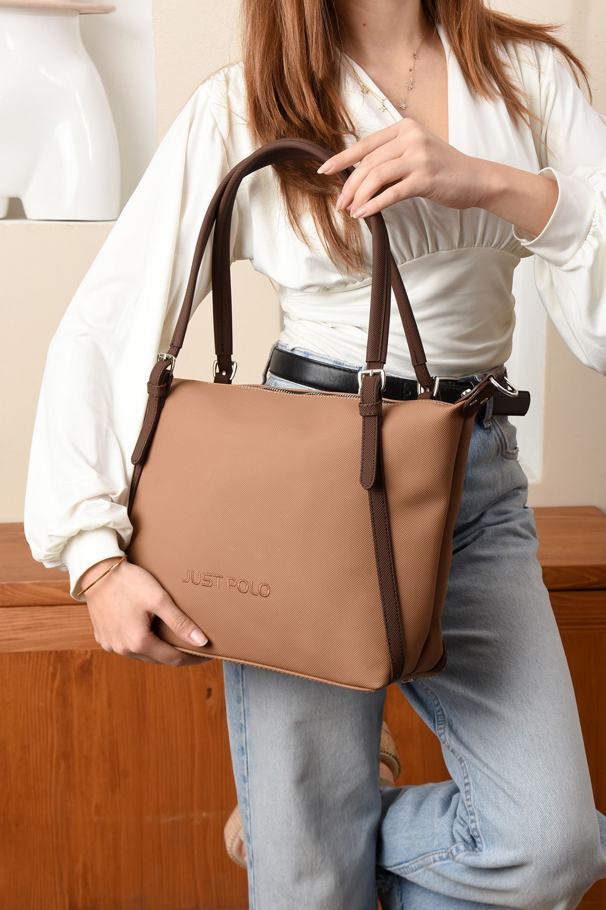 Just Polo Yeni Sezon Günlük Kullanıma Uygun Orijinal Kadın Omuz ve El Çantası 6037 tarçın kahve