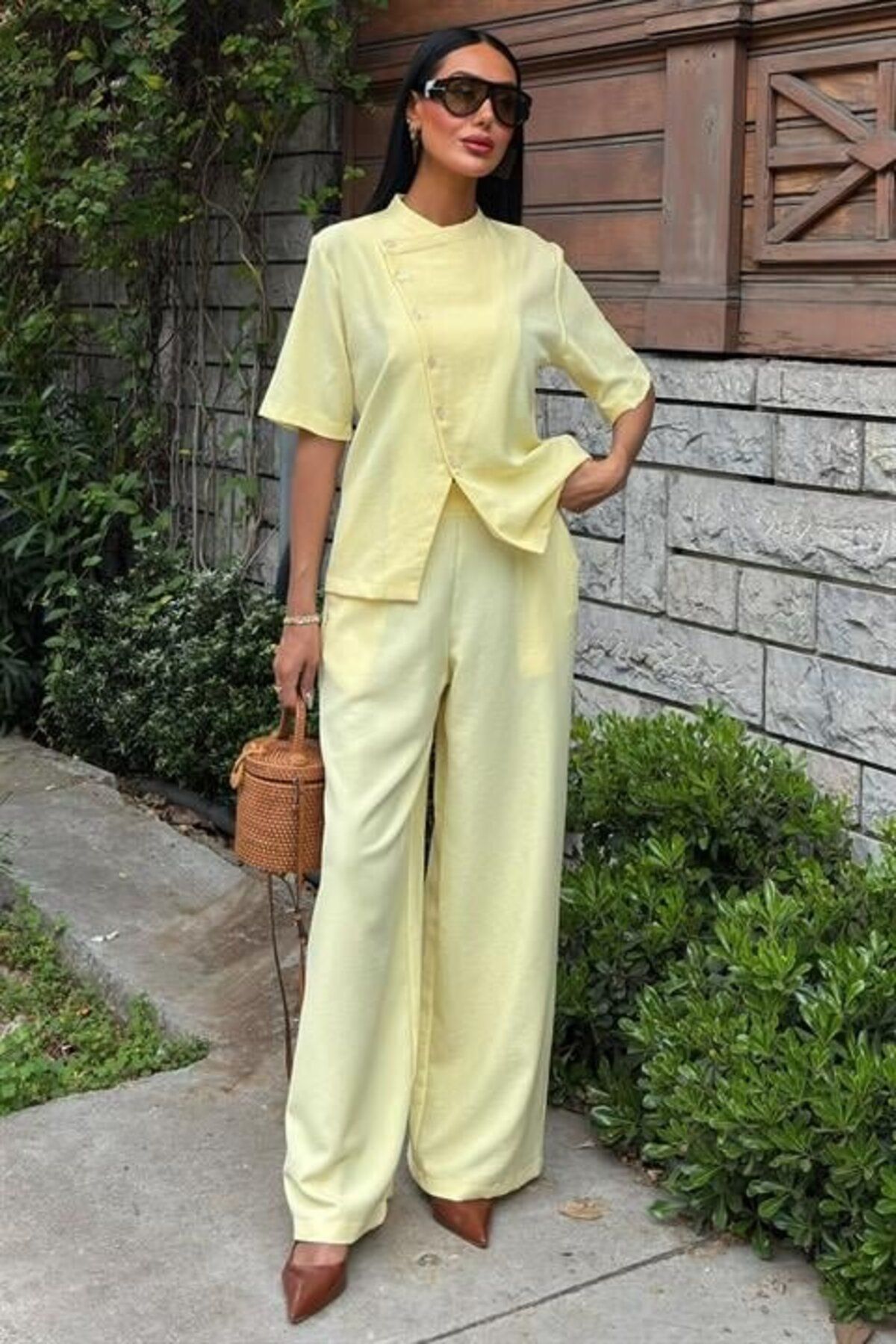 TUA MODA-Tua Moda Judge Collar Cross Button Plazzo Pants Viscon Linen Suit 10209 5