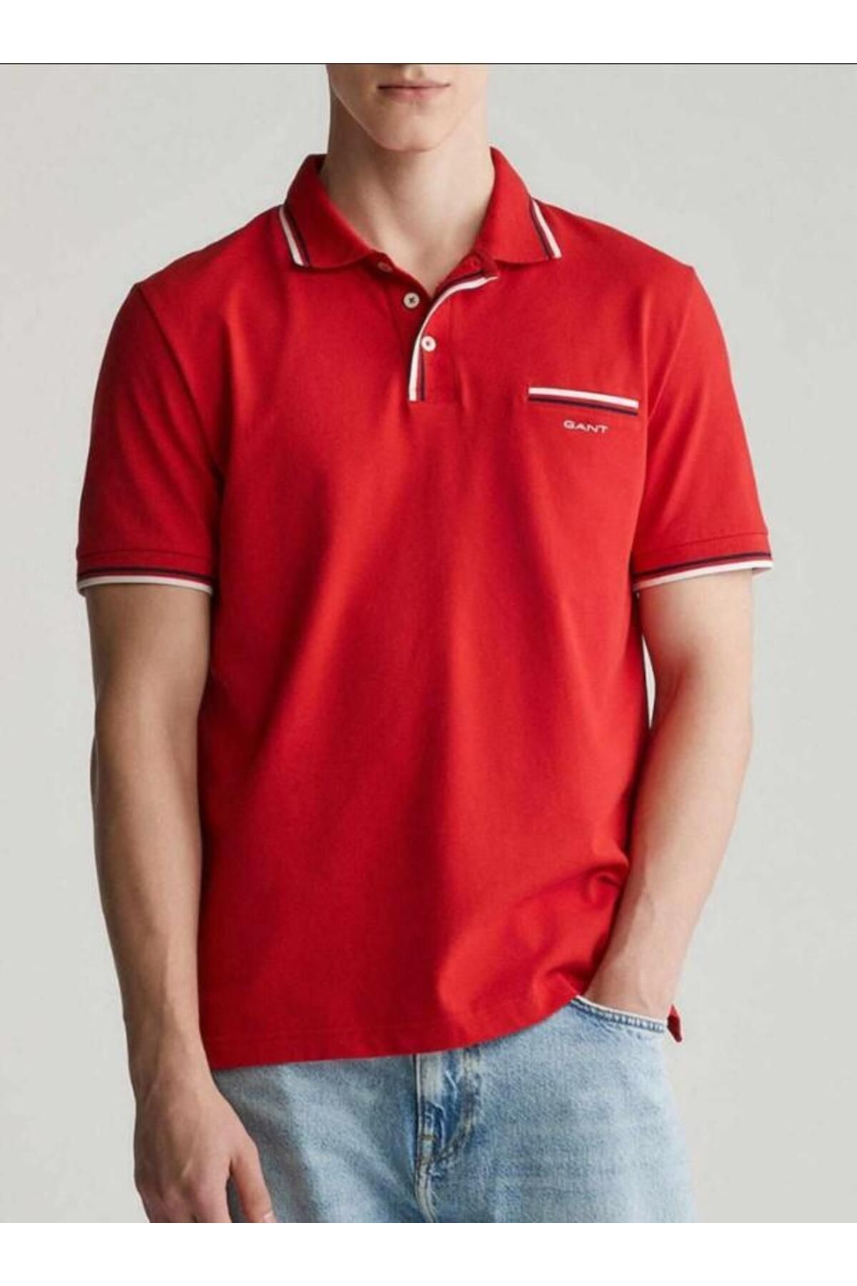 Gant Erkek Kırmızı Regular Fit Çizgili Polo