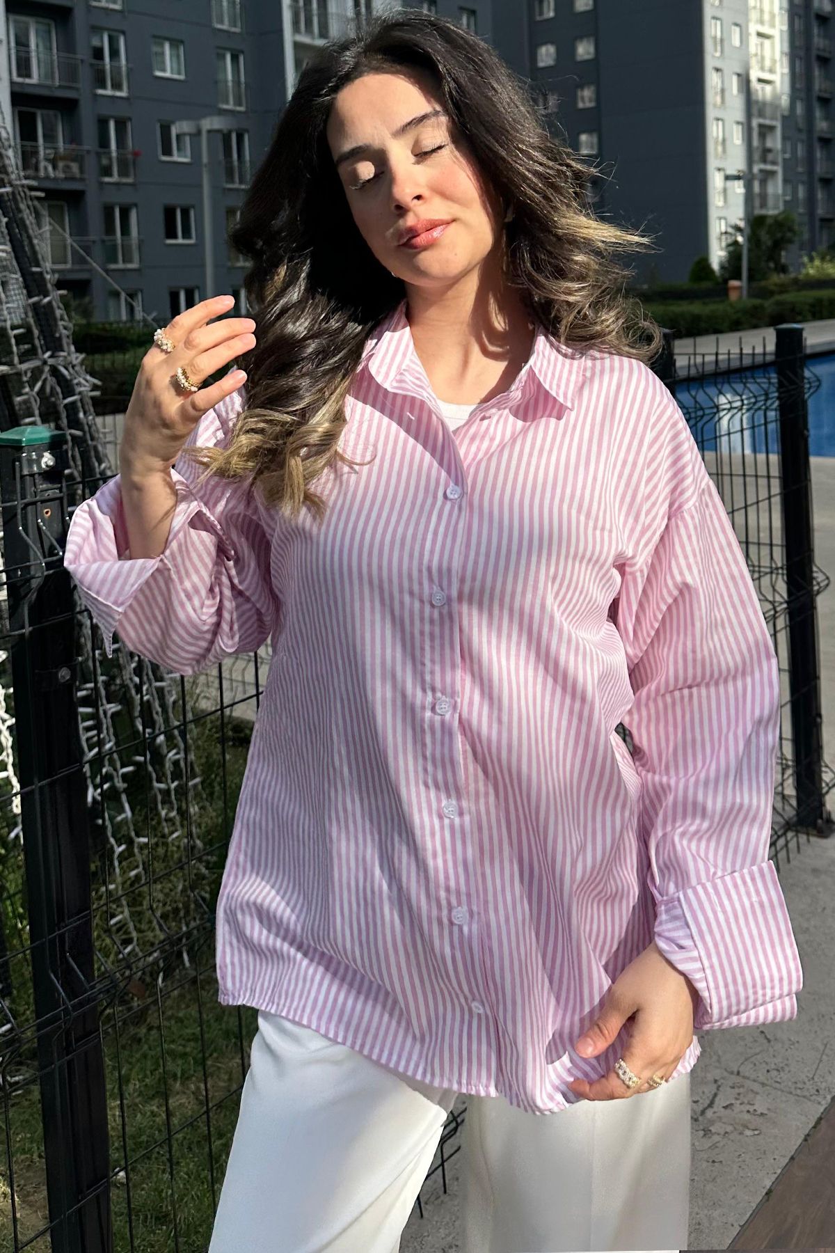 Cockatoo Mavi Çizgili Over Fit Gömlek