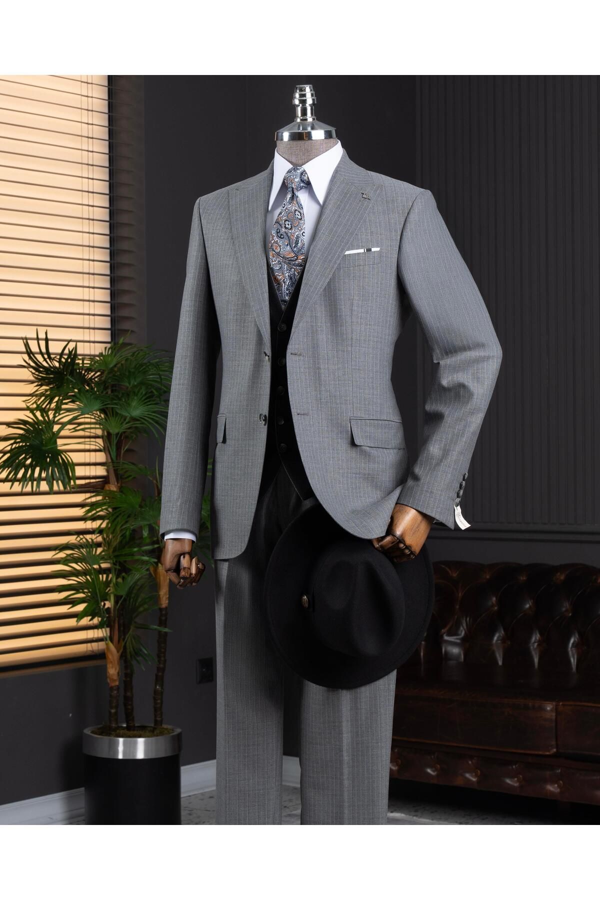 TerziAdemAltun İtalyan stil kombin takım elbise ceket yelek pantalon gri T14044
