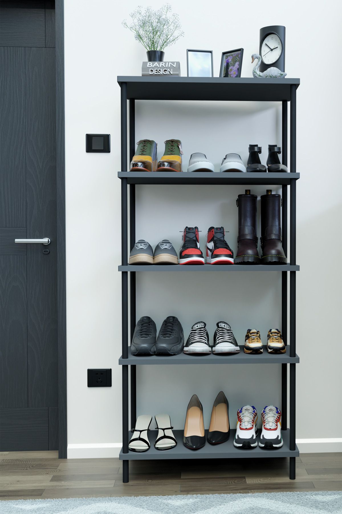 BARIN DESIGN 5 Raflı Çevir-Kur Ayakkabılık Metal Gövde Çok Amaçlı Raf Ünitesi Antre, Balkon, Banyo Uyumlu Dolap