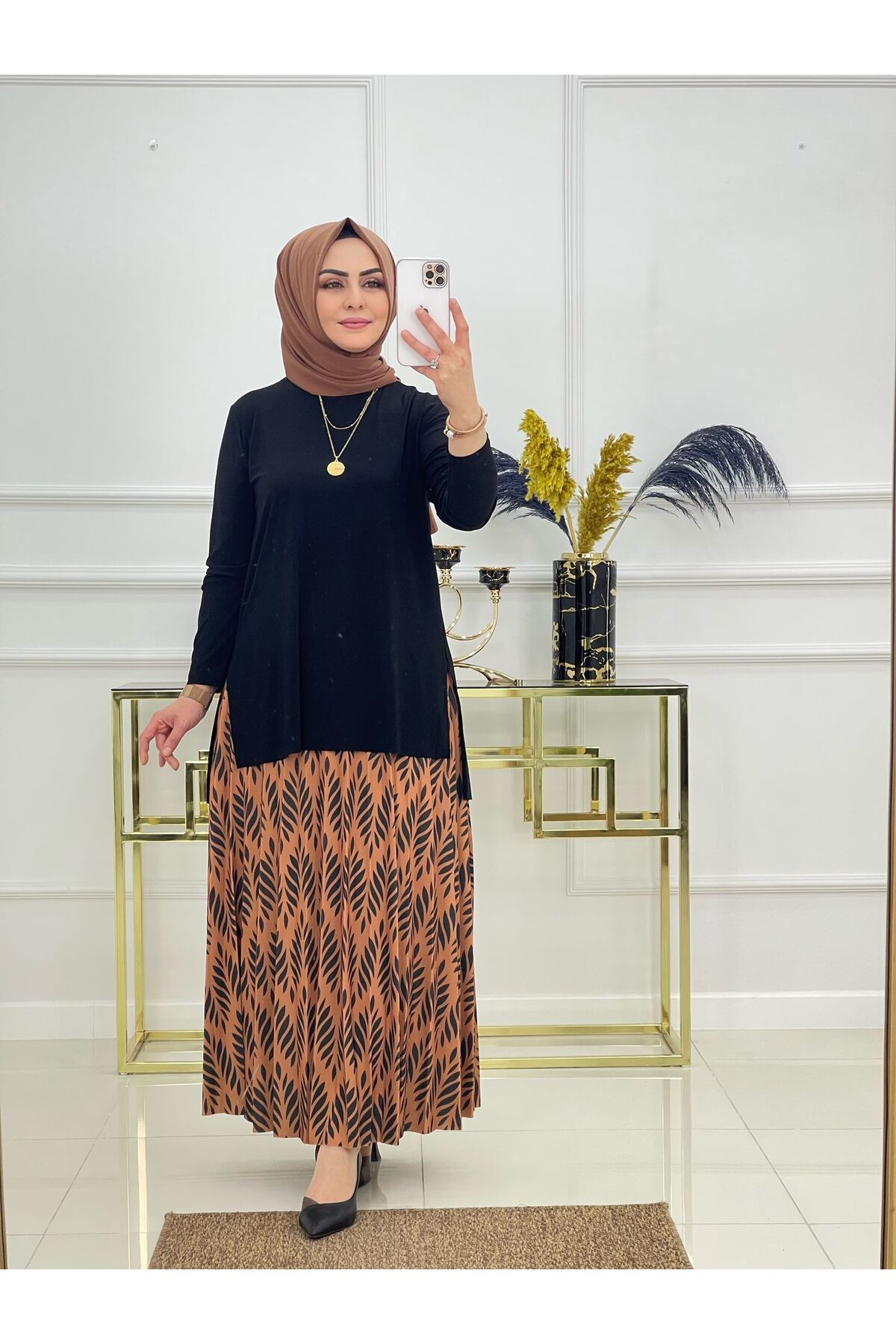NİSUM MODA YAPRAK DESEN SANDY ETEKLİ TAKIM