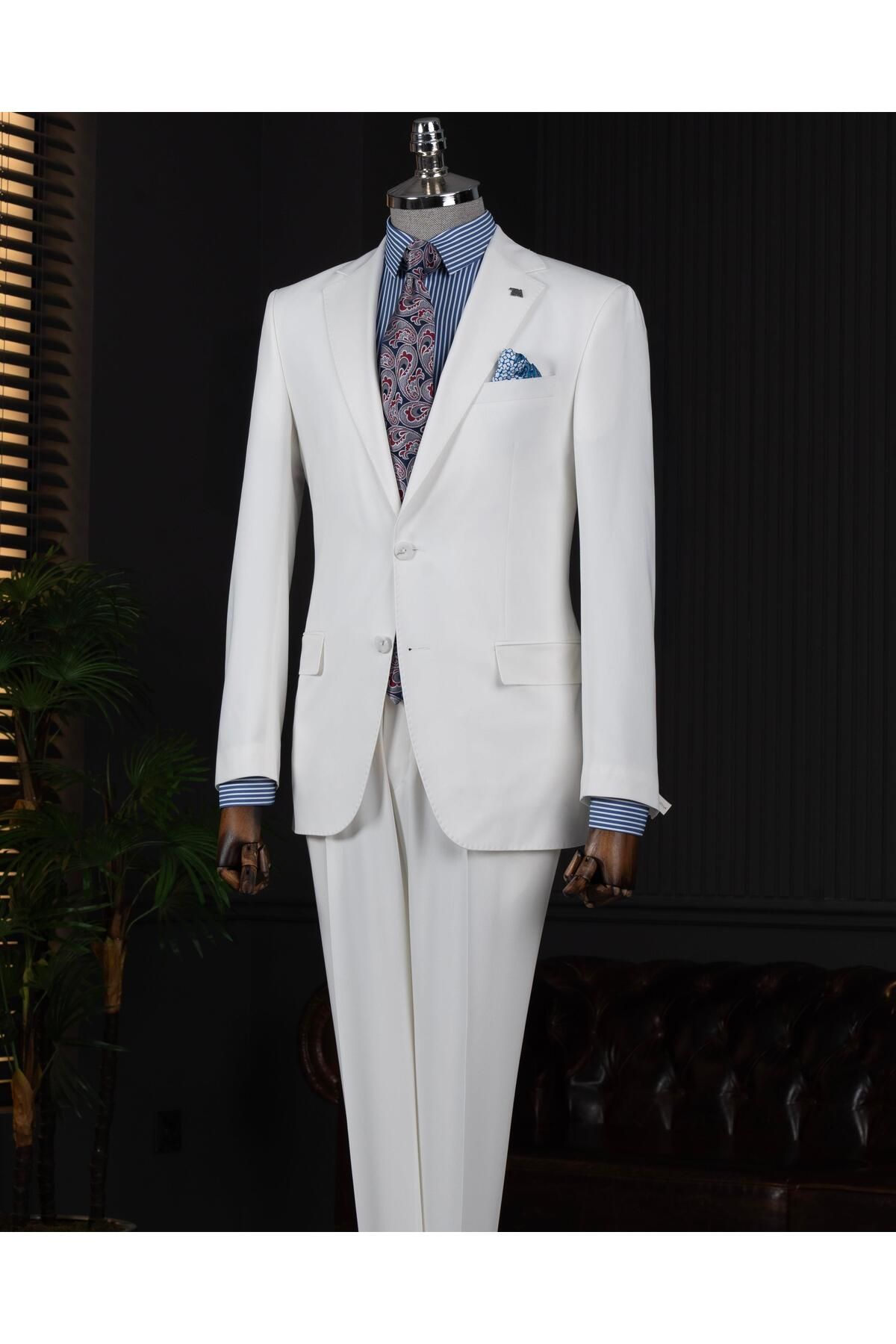TerziAdemAltun İtalyan stil slim fit ceket pantalon takım elbise ekru T14004