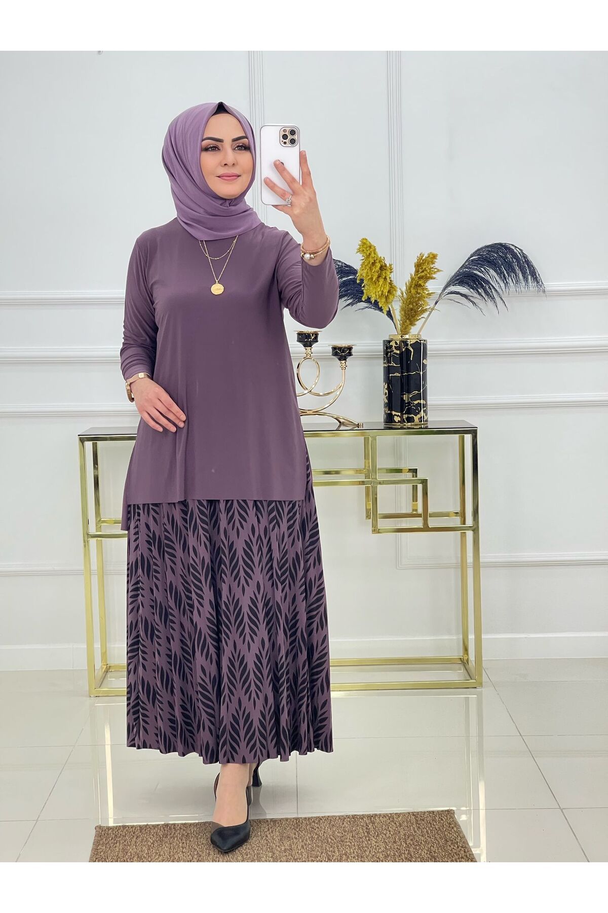 NİSUM MODA YAPRAK DESEN SANDY ETEKLİ TAKIM
