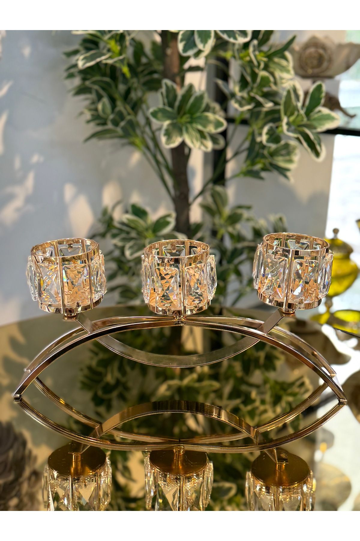 city gold 3'lü Şamdan Gold Kristal Taşlı