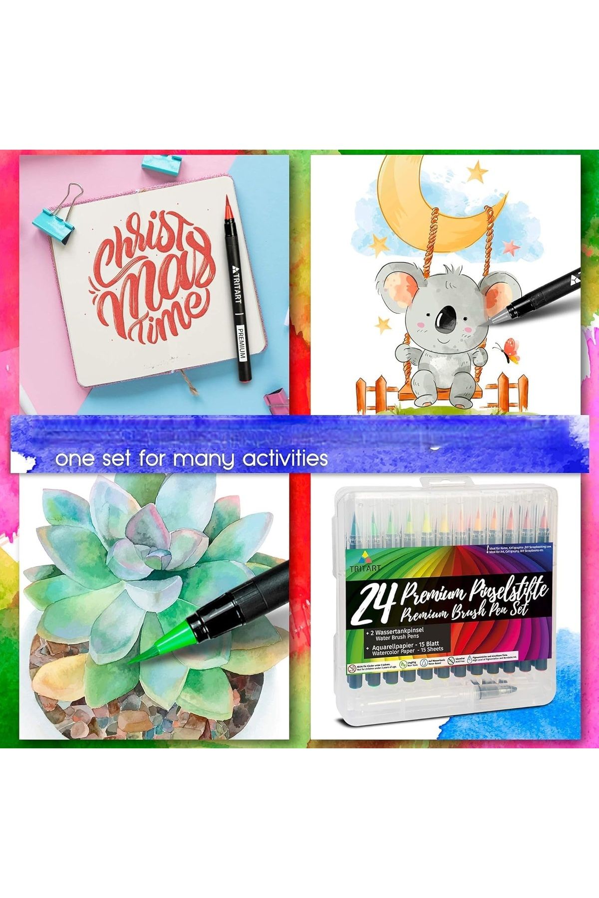 Tritart-Set of 24 markers, Brush tip, Calligraphic, 2 Brushes with water reservoir, 15 sheets, Multicolor 5