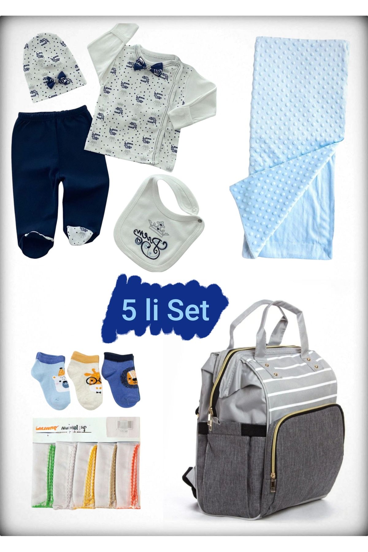 Avşar Baby 5 li Doğum Seti (Anne Bebek Çantası Hastane Çıkışı Battaniye 10 Lu Mendil Ve 3 Lü Çorap)