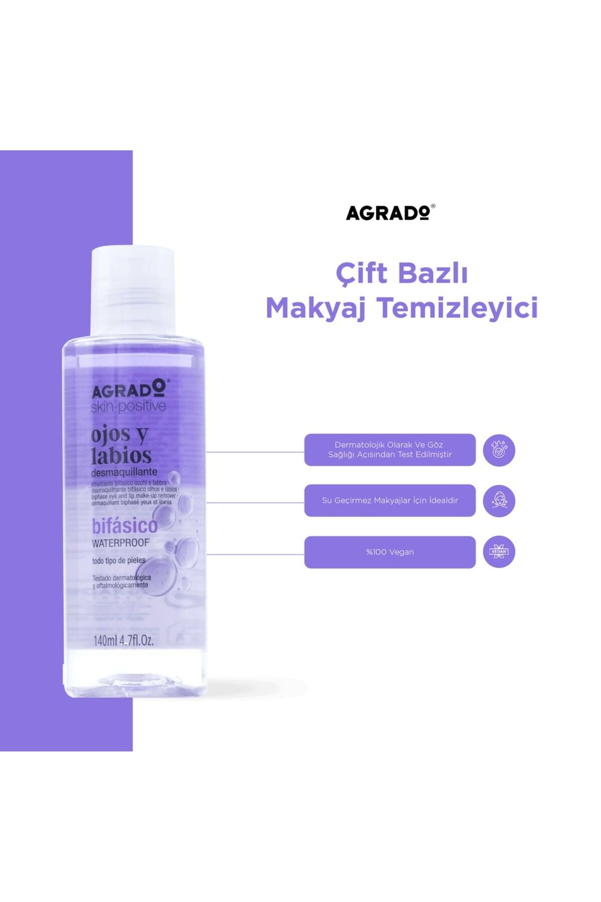 Agrado Göz ve Dudak Bölgesine Özel Çift Fazlı Makyaj Temizleyici (140ml)