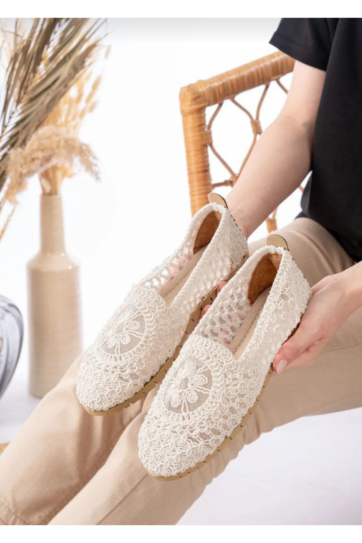Butik Rahatlı ve hava alabilen Kadın Örme Babet Ayakkabı Anne Ayakkabı Günlük Ayakkabı Dantel Babet