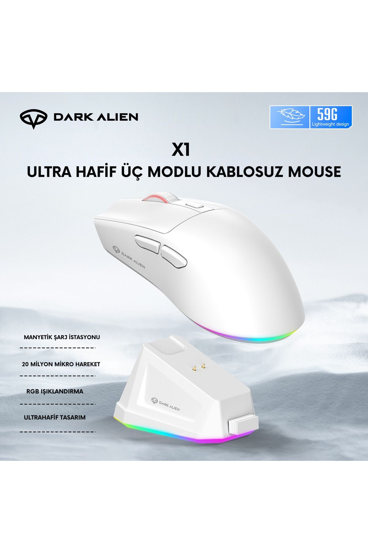 Leaven Dark Alien X1 Kablosuz 3 Modlu Oyuncu Mouse- 59 Gram 400 Mah Batarya- Makrolu