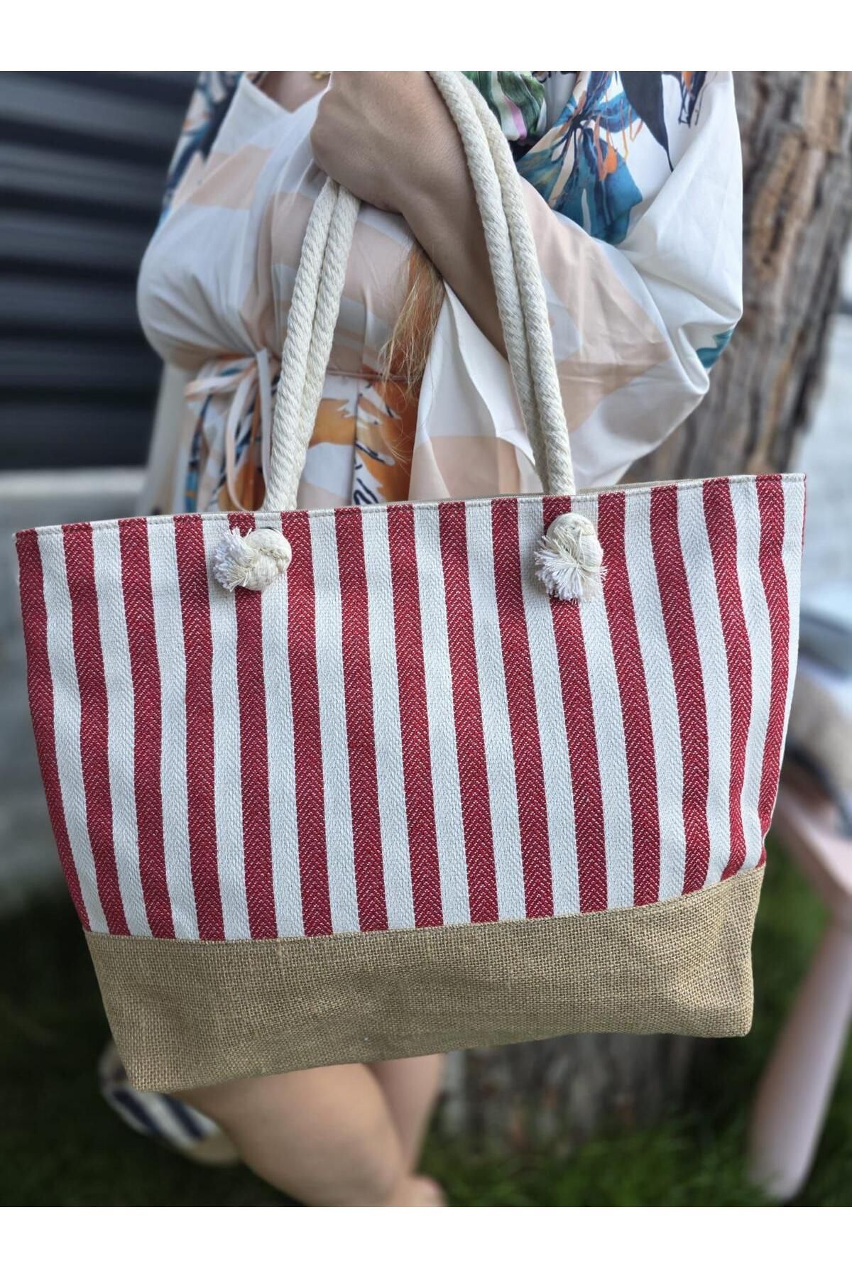 obenbags Kırmızı Çizgili Kanvas Plaj Çantası