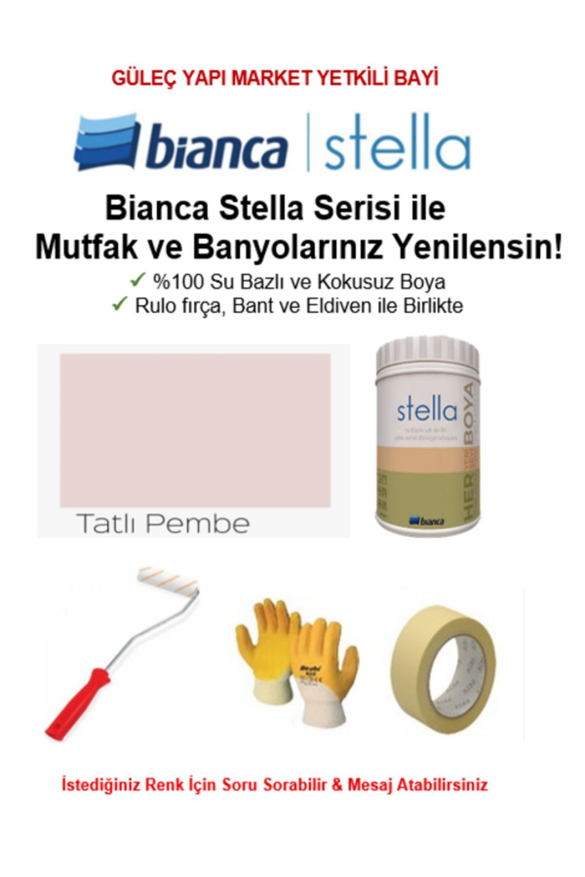 Bianca Stella Su Bazlı Saf Akrilik BOYA ( 1Lt Boya + Rulo fırça, Kağıt Bant ve Eldiven İle Birlikte)