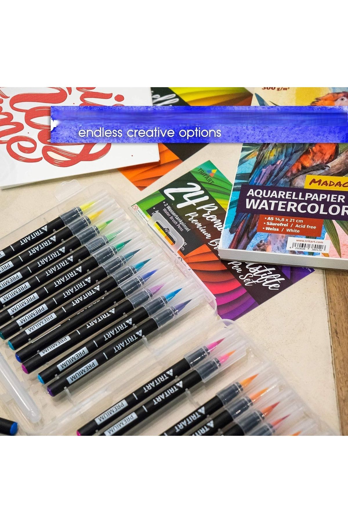 Tritart-Set of 24 markers, Brush tip, Calligraphic, 2 Brushes with water reservoir, 15 sheets, Multicolor 4