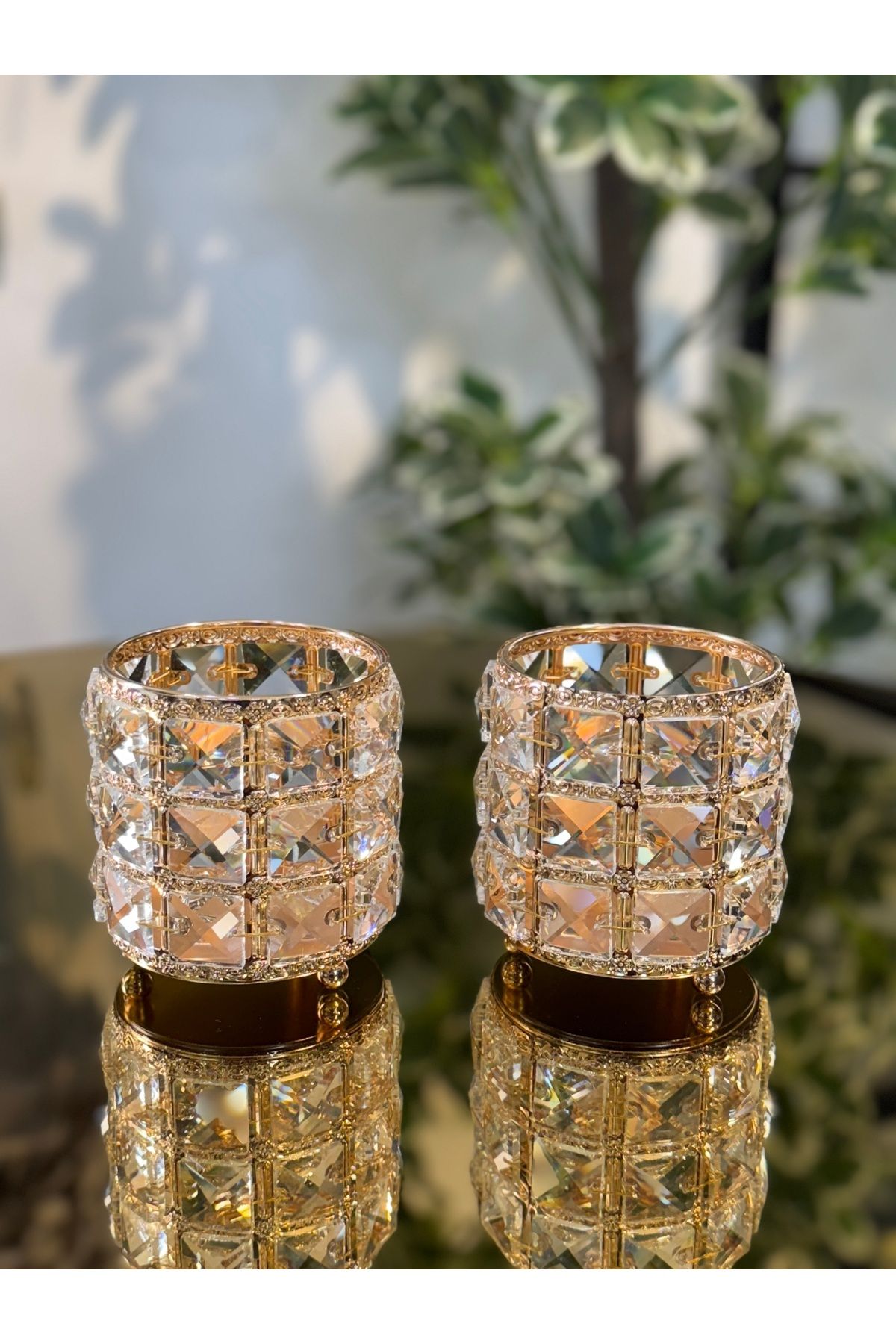 city gold 2'li Kristal Şamdan Gold