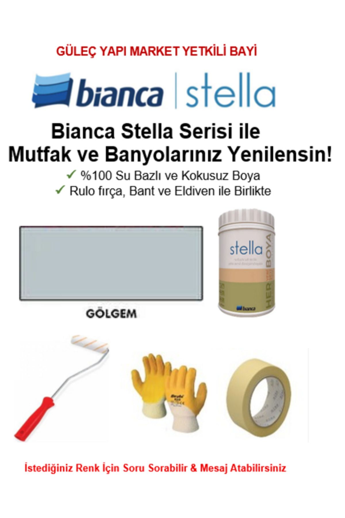 Bianca Stella Su Bazlı Saf Akrilik BOYA ( 1Lt Boya + Rulo fırça, Kağıt Bant ve Eldiven İle Birlikte)