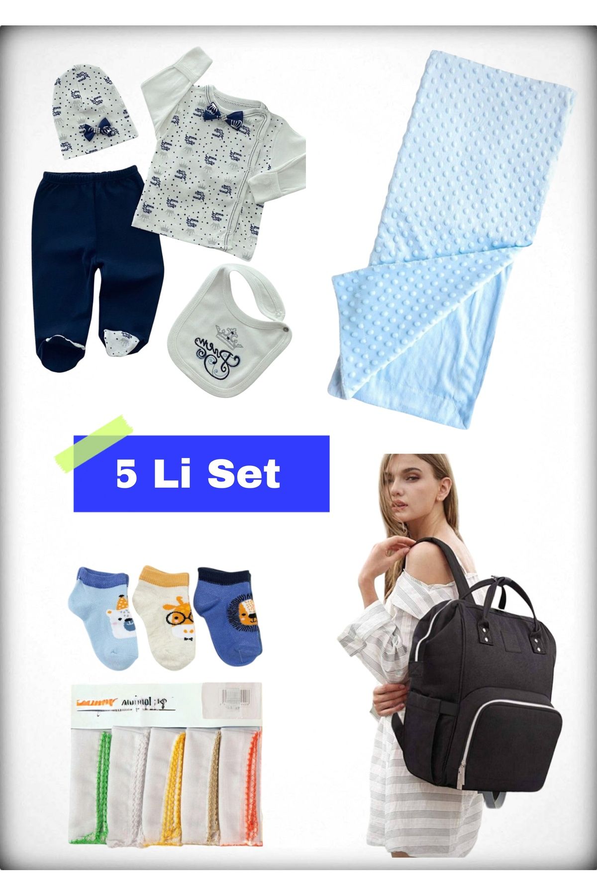 Avşar Baby 5 li Doğum Seti (Anne Bebek Çantası Hastane Çıkışı Battaniye 10 Lu Mendil Ve 3 Lü Çorap)