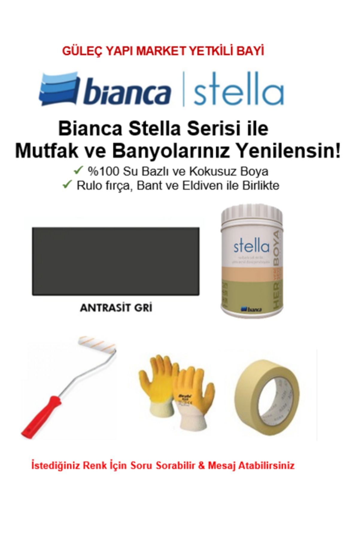 Bianca Stella Su Bazlı Saf Akrilik BOYA ( 1Lt Boya + Rulo fırça, Kağıt Bant ve Eldiven İle Birlikte)