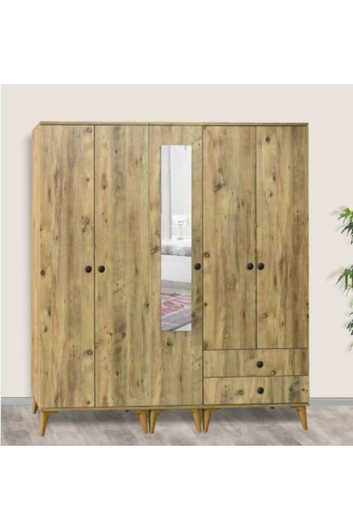Yuvaset Home 5 Kapılı Aynalı Çam Dolap