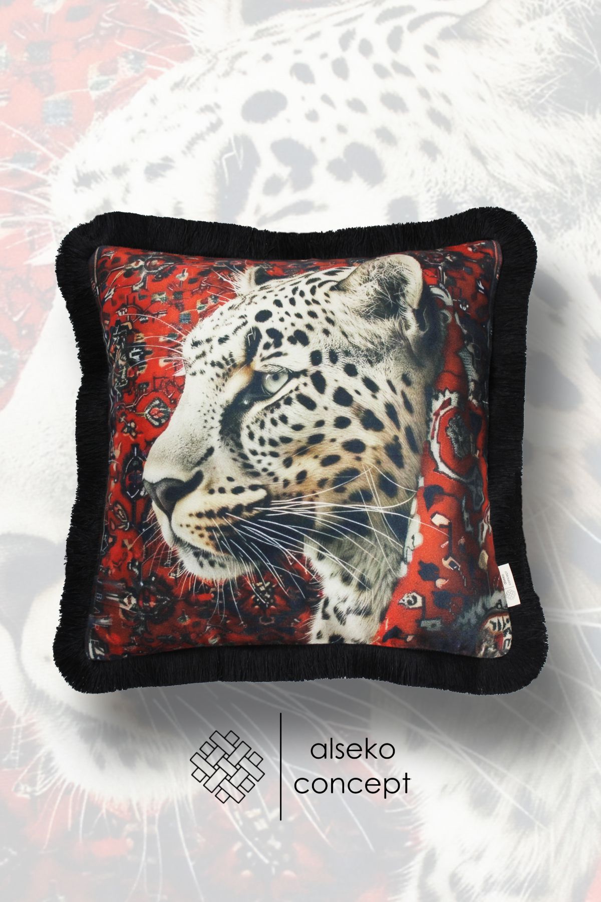 Alseko Concept Siyah Püsküllü, White Leopard Desen Dekoratif 43x43cm Kare Kırlent Kılıfı