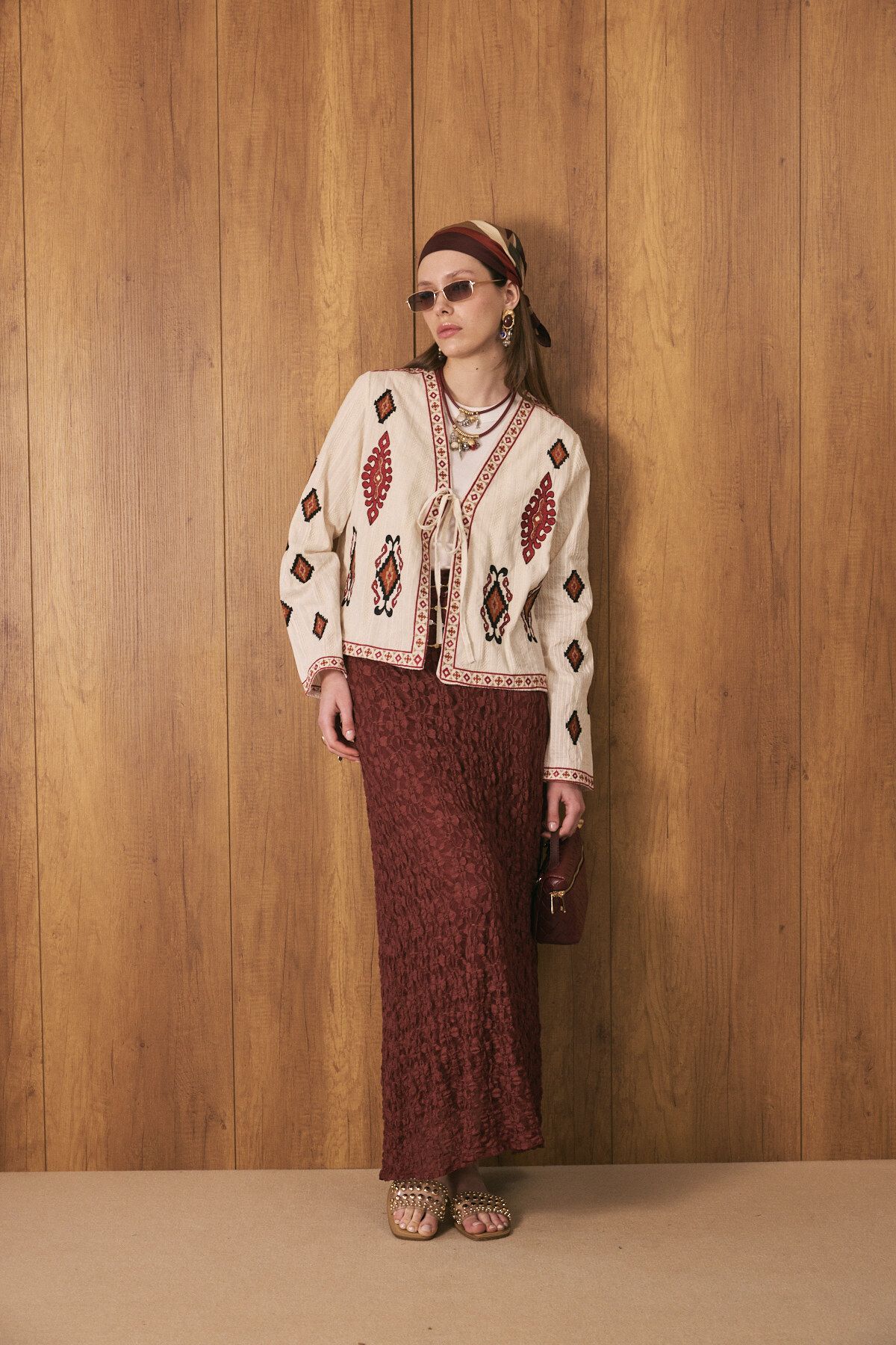 EMNORA Etnik İşlemeli Kimono Ceket Bordo