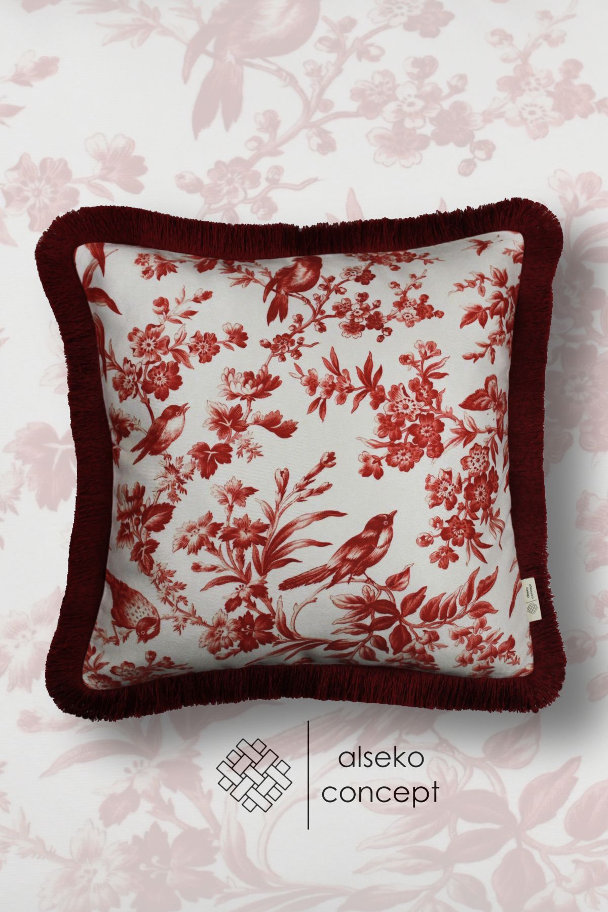 Alseko Concept Bordo Püsküllü, Birds and Bough Desen Dekoratif 43x43cm Kare Kırlent Kılıfı