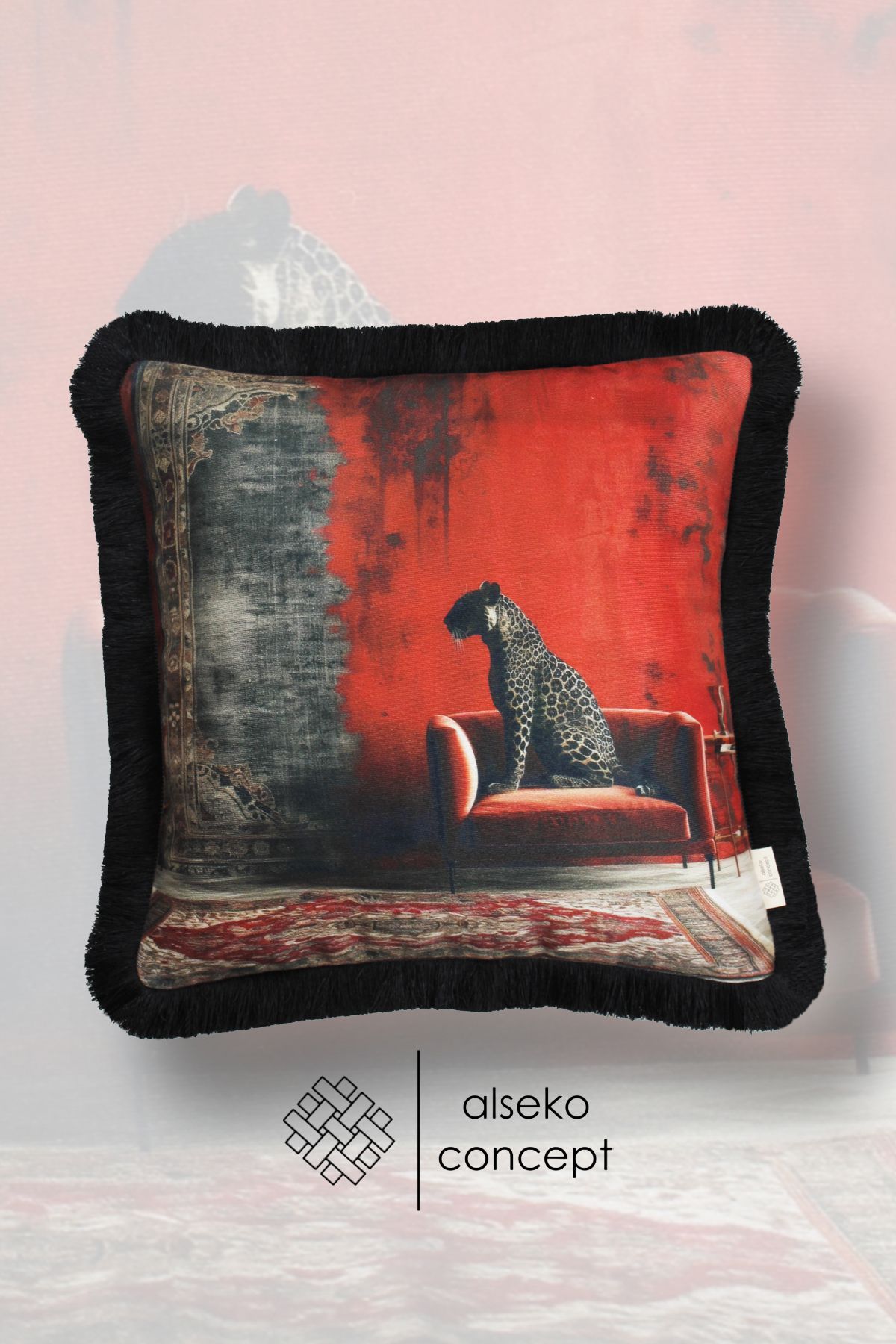 Alseko Concept Siyah Püsküllü, Black Leopard 002 Desen Dekoratif 43x43cm Kare Kırlent Kılıfı
