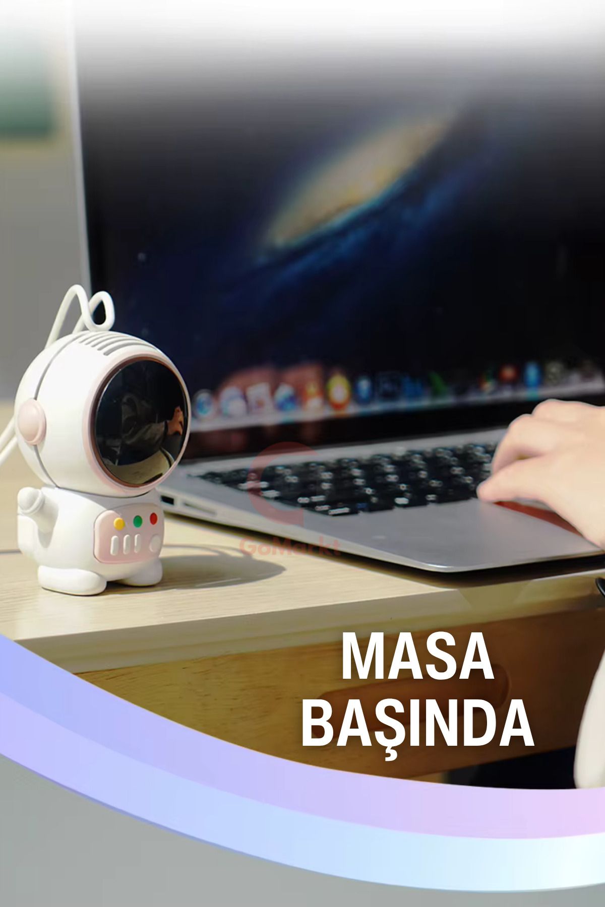 GoMarkt Astronot Tasarımlı Mini Güçlü Fan Renkli Mini El Pervanesi Şarjlı Usbli Sevimli Astronot El Fanı