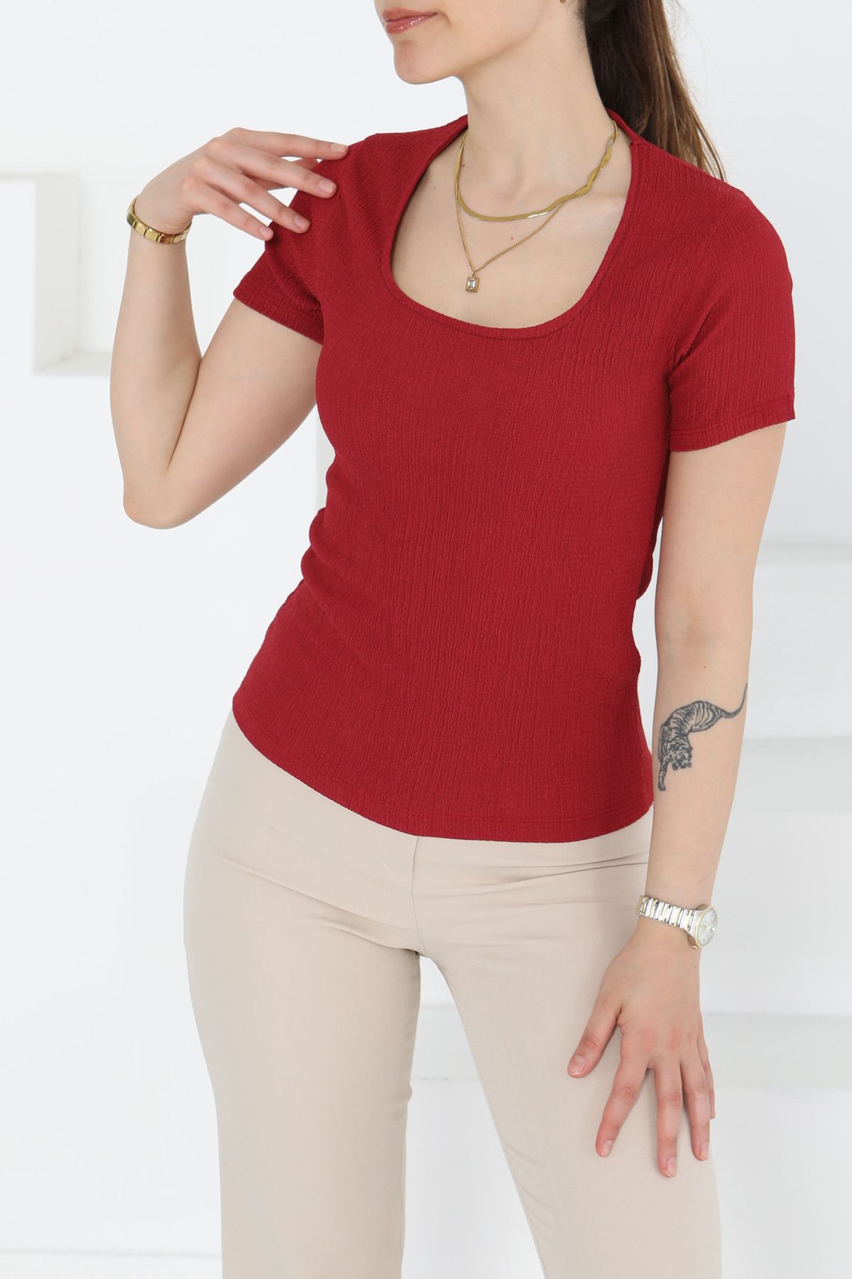 TOFİSA Kısa Kollu Bluz Bordo - 27235