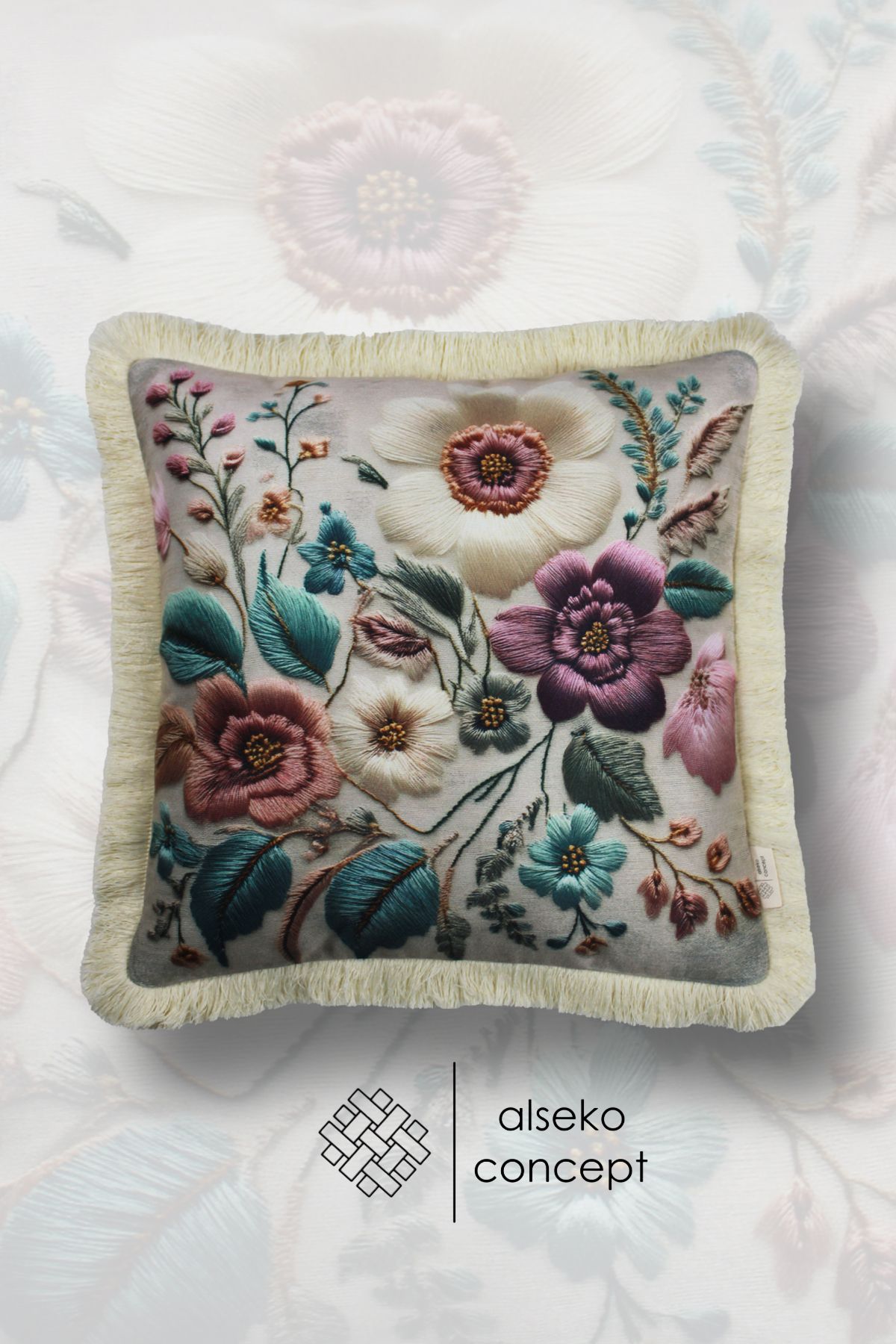 Alseko Concept Krem Püsküllü, 3D Flowers 002 Desen Dekoratif 43x43cm Kare Kırlent Kılıfı