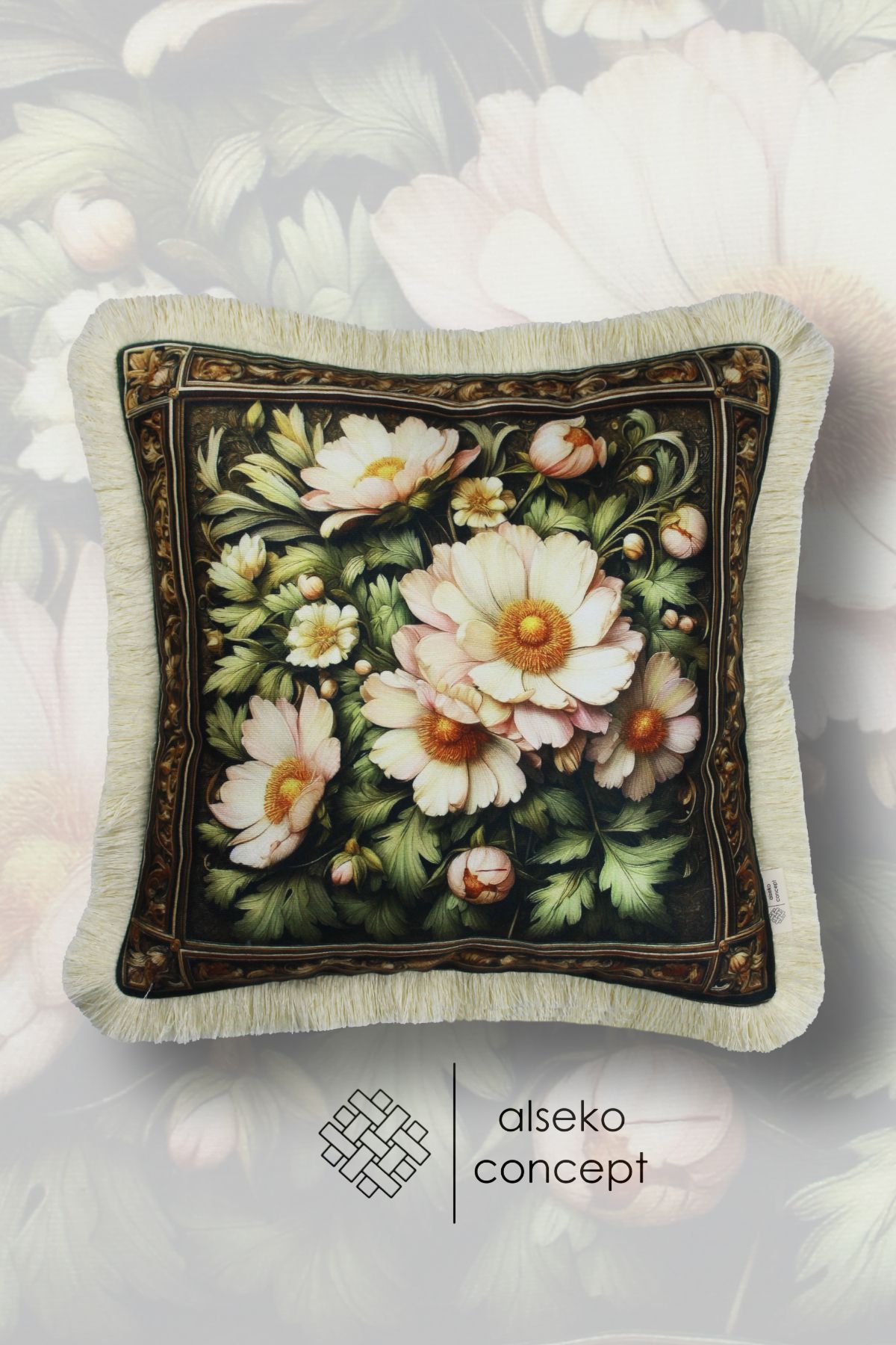 Alseko Concept Krem Püsküllü, 3D Flowers 004 Desen Dekoratif 43x43cm Kare Kırlent Kılıfı