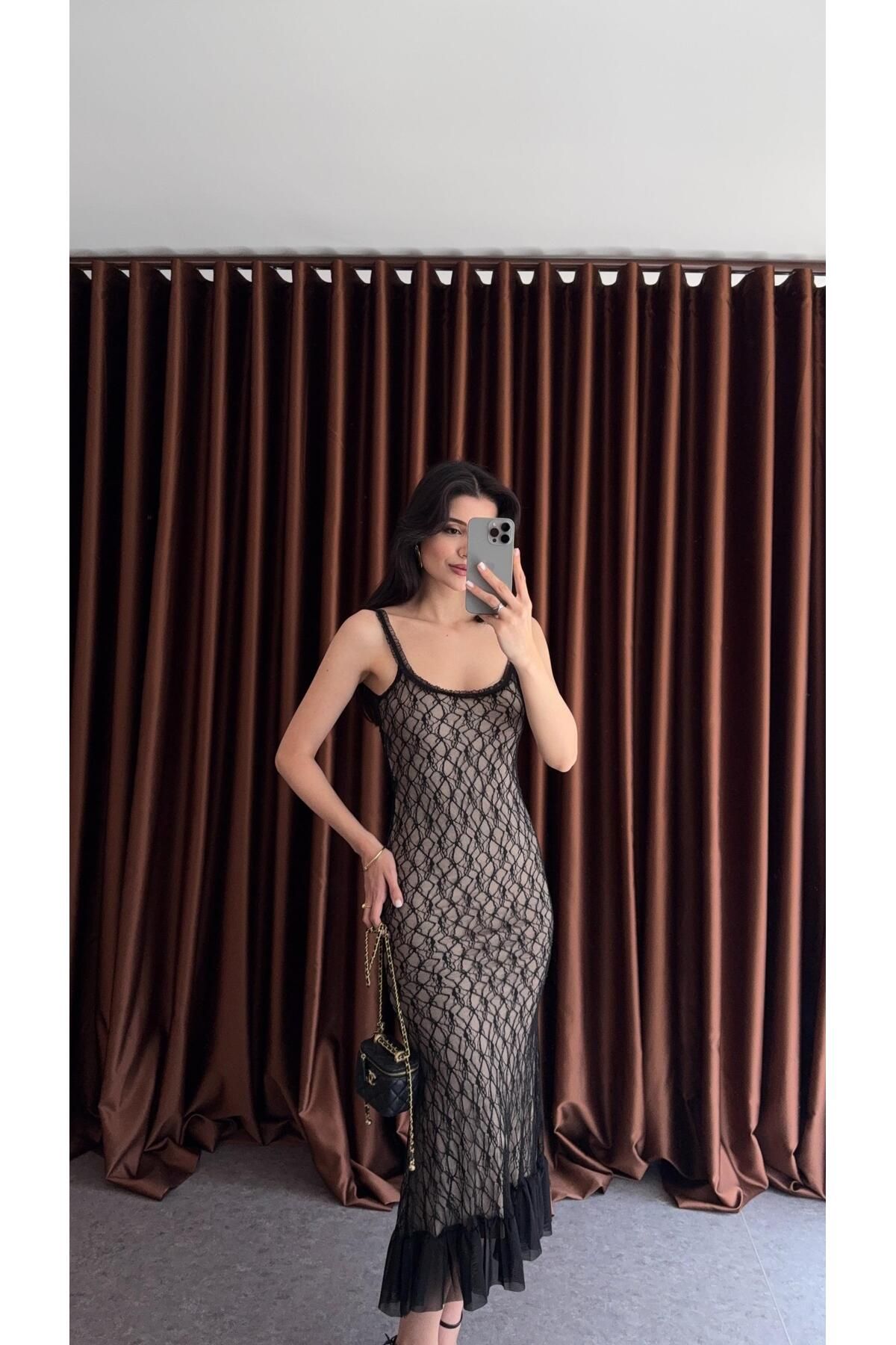 HAZELANNA Siyah Dantelli Nude Elbise