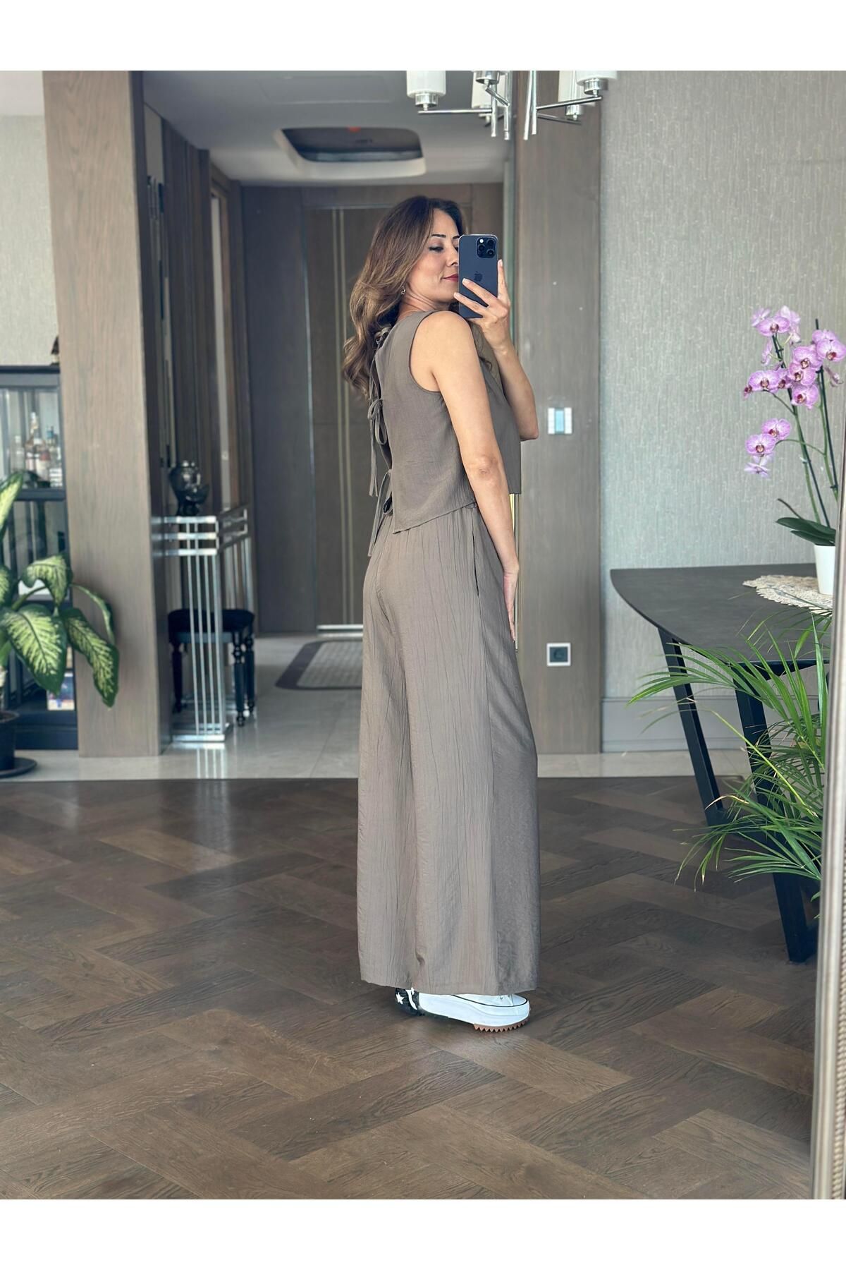 Forlady Butik Vizon Sıfır Kol Arkası Bağcıklı Bluz Pantolon Kadın İkili Takım