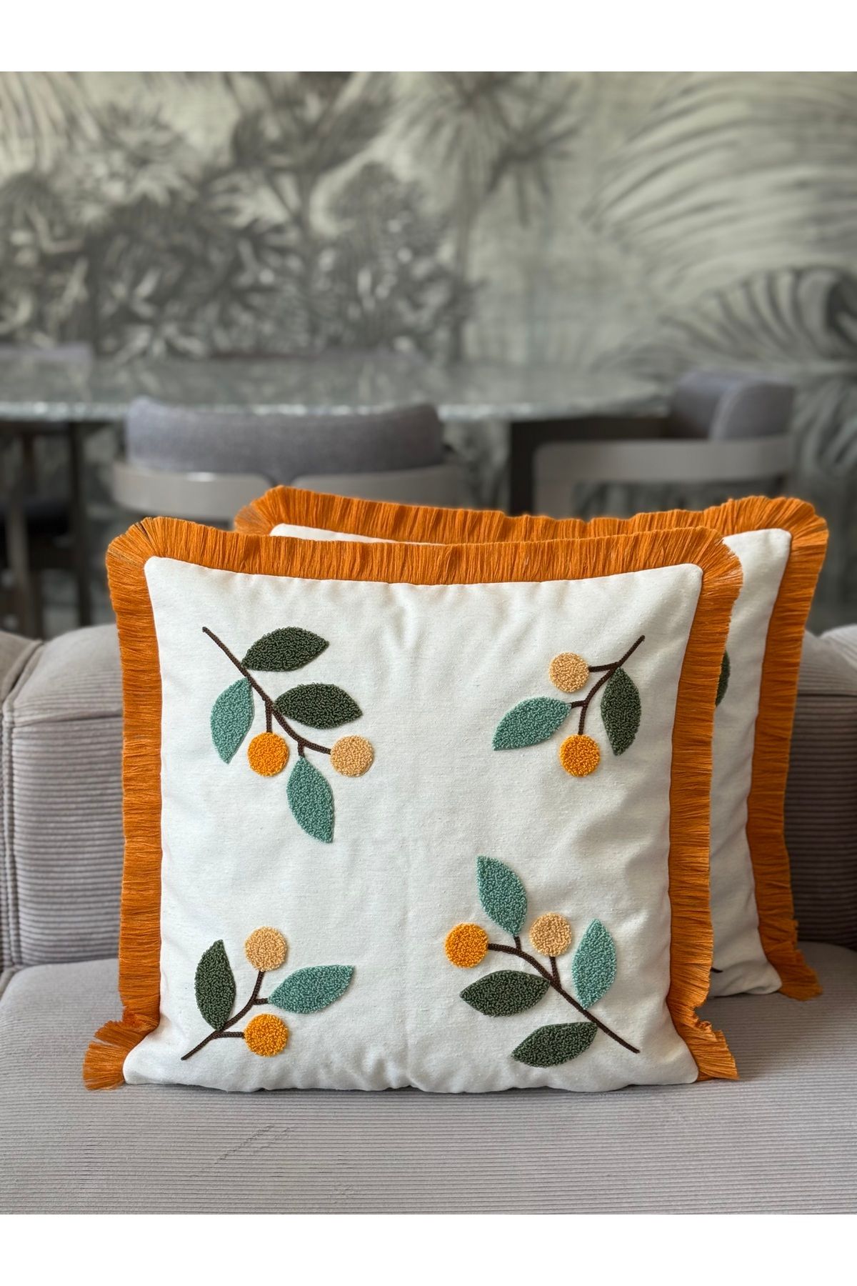 Skhome Üzüm Dalı Punch İşlemeli Saçaklı Kırlent Kılıfı 1 Adet 43x43cm(SPNC-22)
