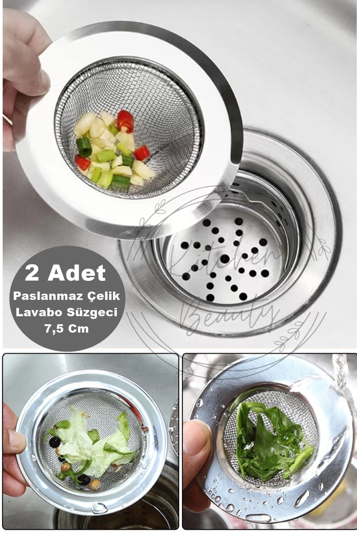 Kitchen Beauty 2 Adet Tüm Lavabolara Uygun Paslanmaz Çelik Lavabo Süzgeci 7,5 Cm Evye Süzgeç